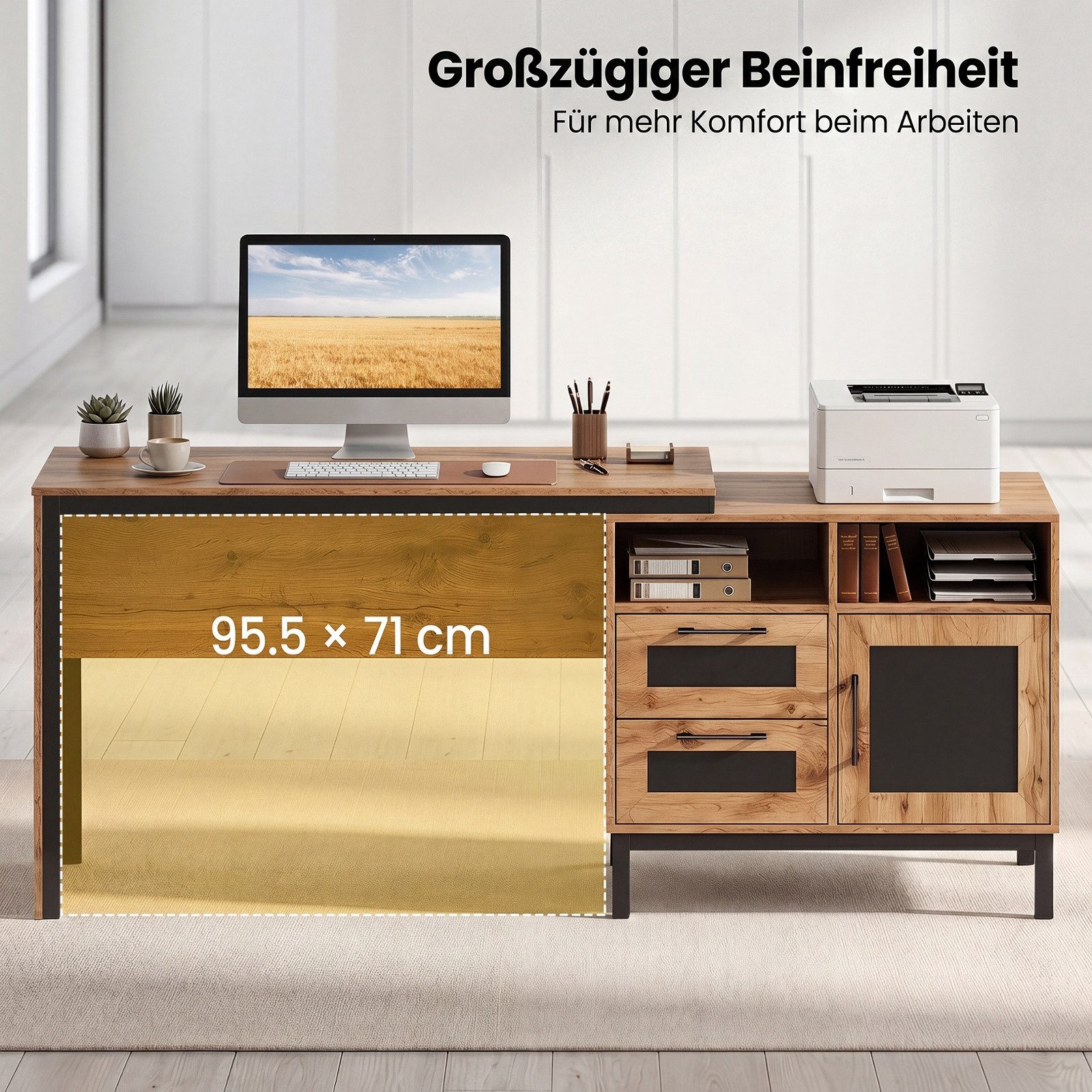 COSTWAY Computertisch, Mit 2 offene Fächer, 2 Schubladen & ein eintüriger Schrank