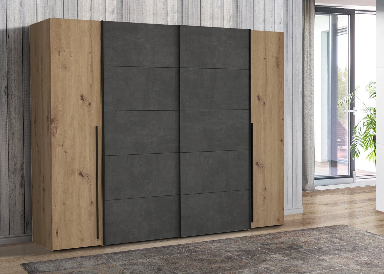 FORTE Dreh-/Schwebetürenschrank NARAGO, 4-türig, Artisan Eiche Dekor, Betondekor, B 270 x H 210 x T 62 cm, 2 Drehtüren, 2 Schwebetüren