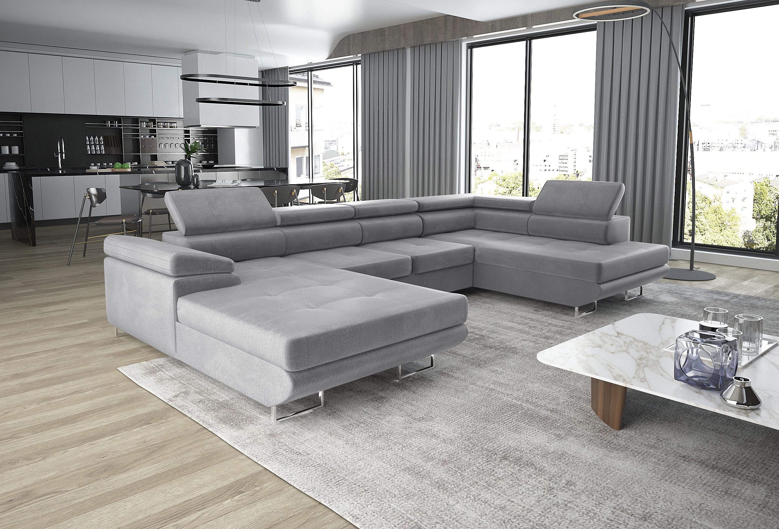 thematys Ecksofa GRENADA in Samt Monolith oder Cord Poso Stoff 355 x 162 cm, U-Form 3 Teile XL-Wohnlandschaft mit Schlaffunktion und Bettkasten