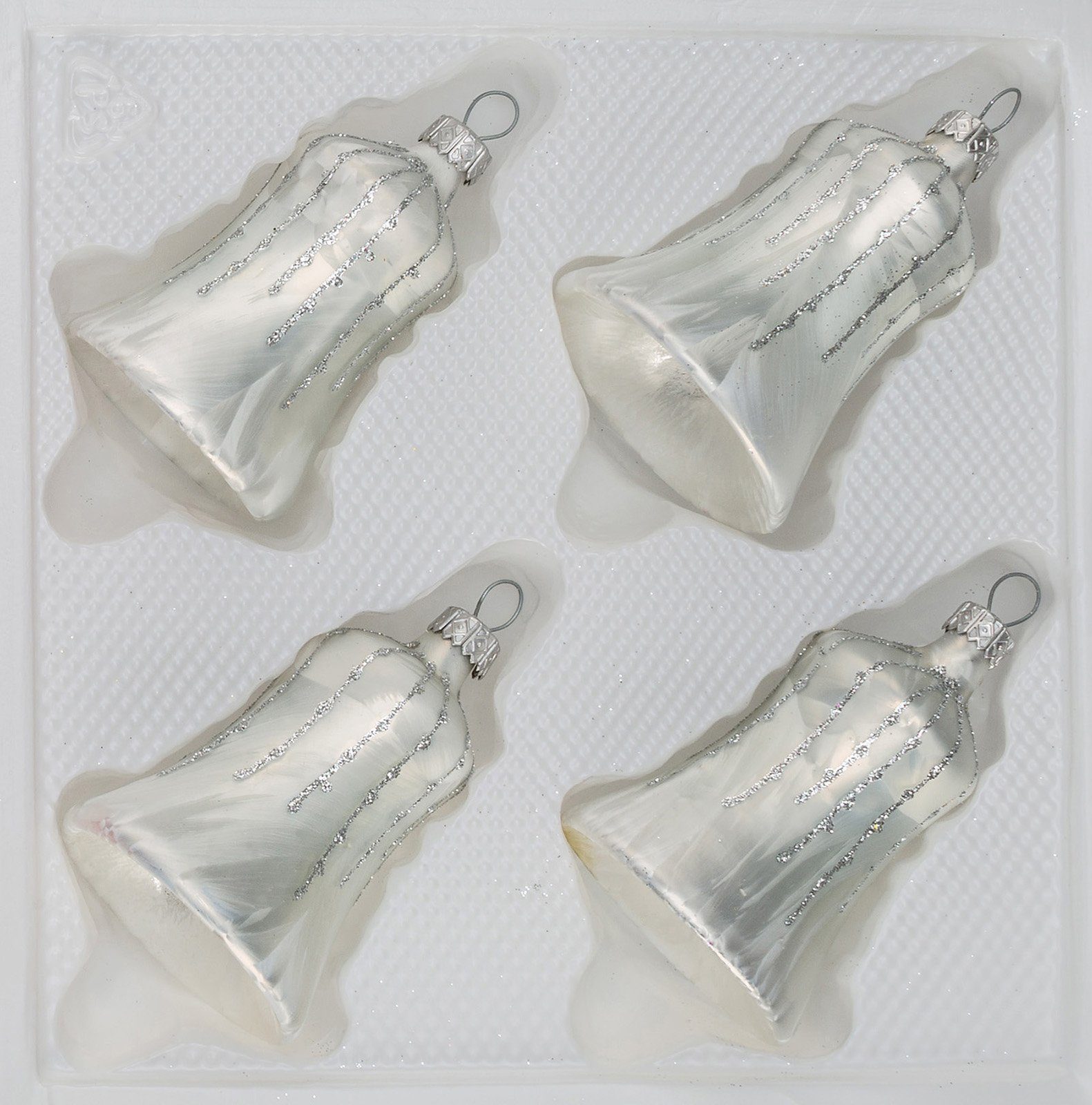 Navidacio Christbaumschmuck 4 tlg. Glas-Glocken Set in Ice Weiss Silber Regen