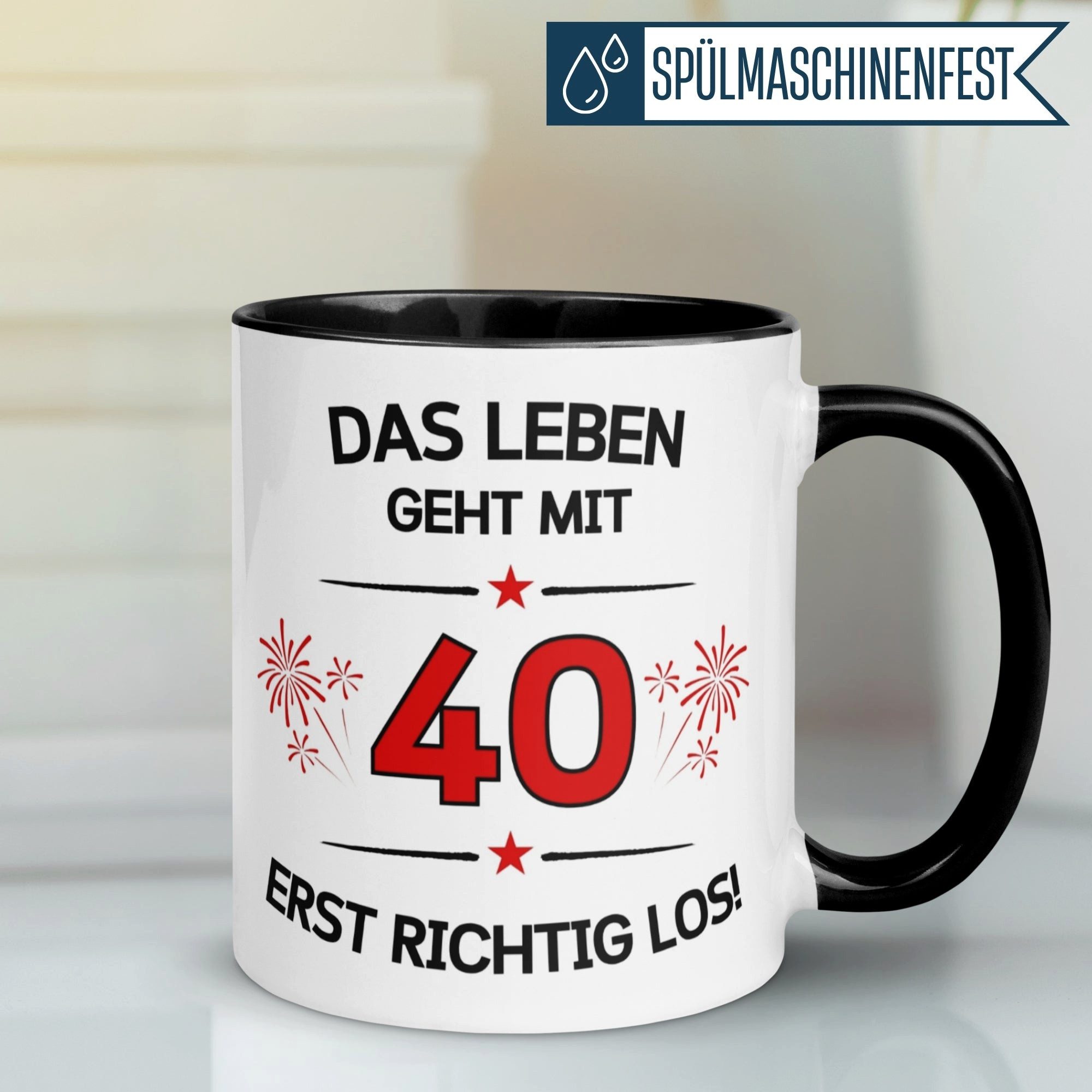 Momentals Tasse Geburtstag Geschenk Mann Frau 40 – „Das Leben geht erst richtig los“, Gratis Versand · Links-&Rechtshänder · Spülmaschinenfest