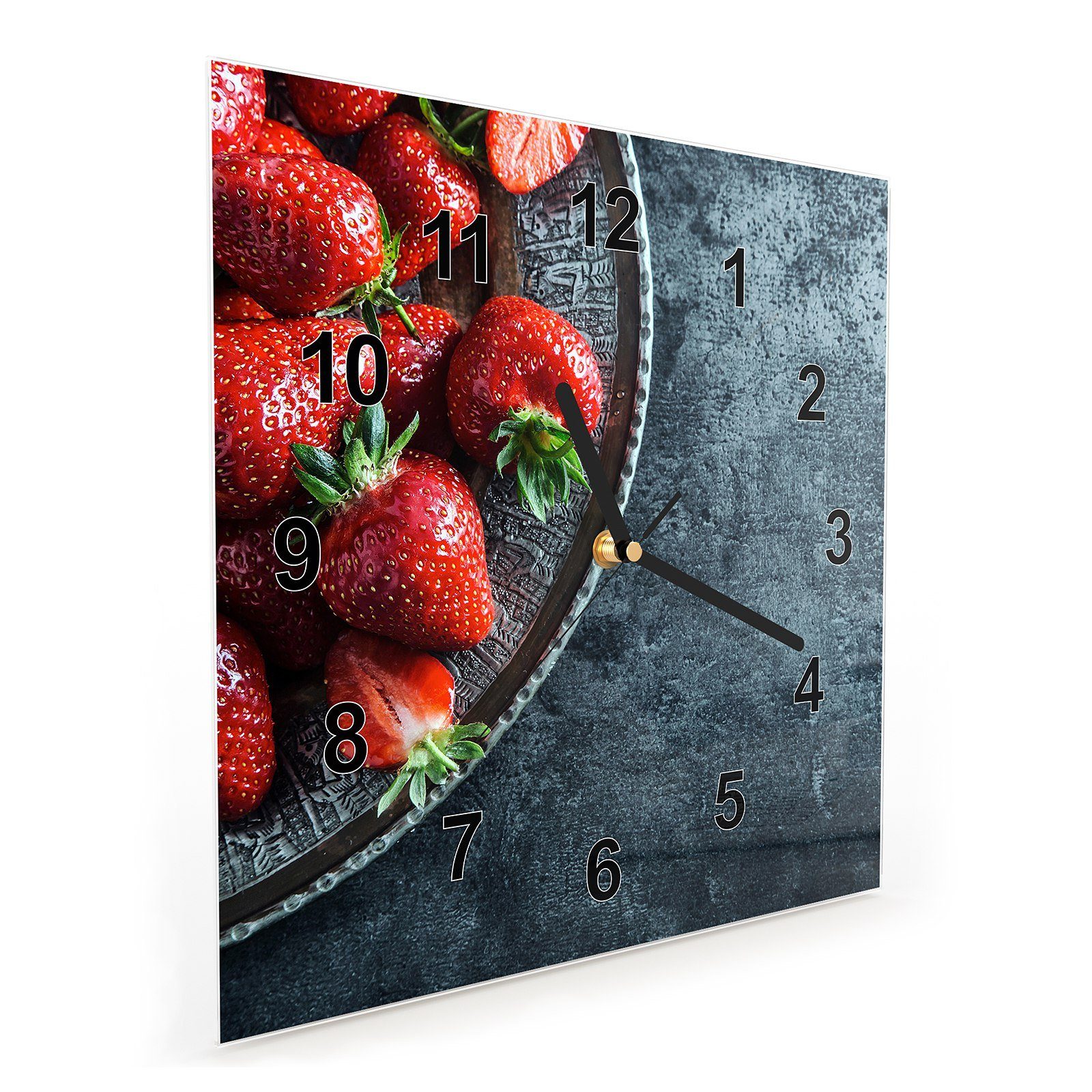 Wandkunst Größe Erdbeeren auf Motiv cm Primedeco x Wanduhr Wanduhr Glasuhr mit 30 30 Teller