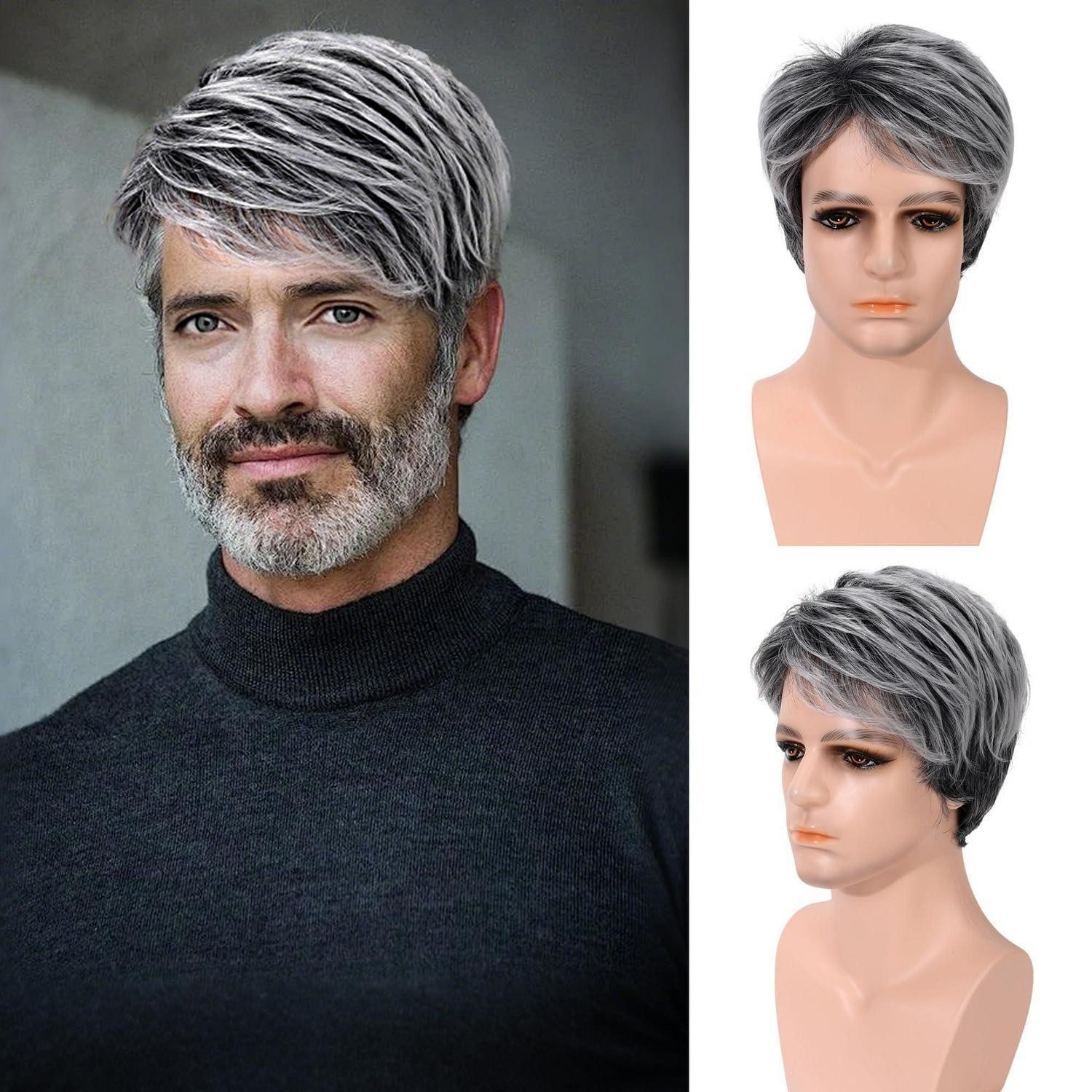 LuxusKollektion Kunsthaarperücke Perücke Herren Kurz Pony Layered Cut Synthetik 3571-1B MIX GREY