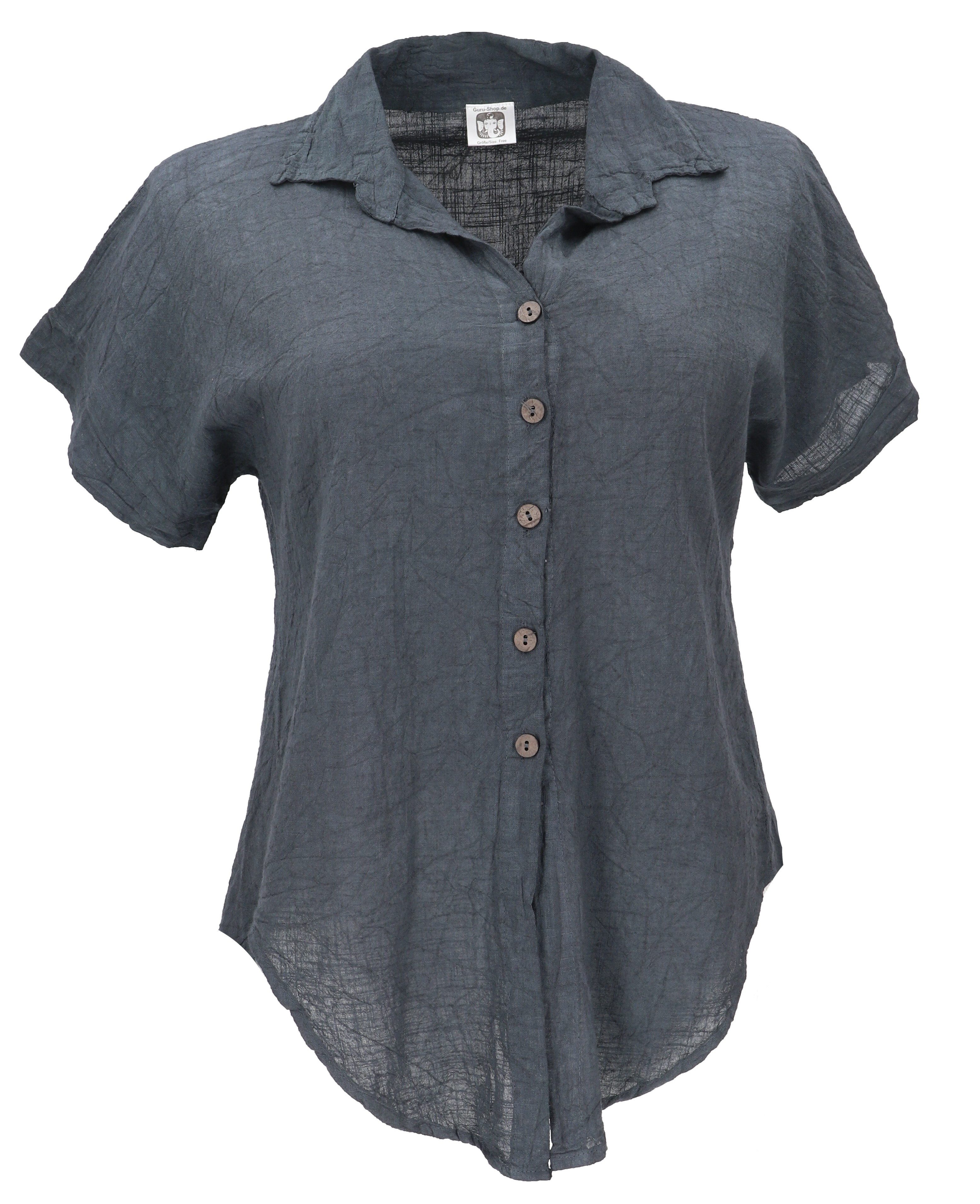 Guru-Shop Longbluse Baumwollbluse mit Kokosknöpfen - charcoal alternative Bekleidung