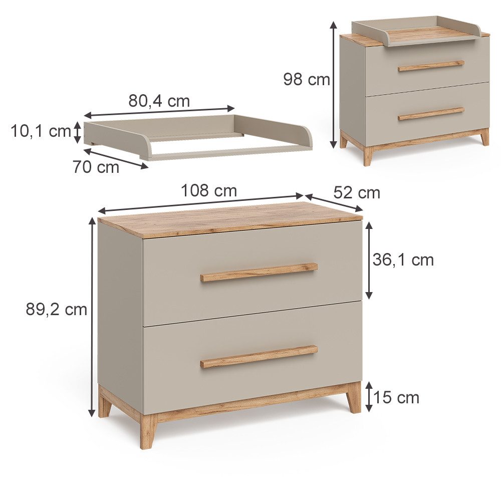 VitaliSpa® Wickelkommode Malia, Cashmere/Artisan, 108 x 98 cm mit 2 Schubladen