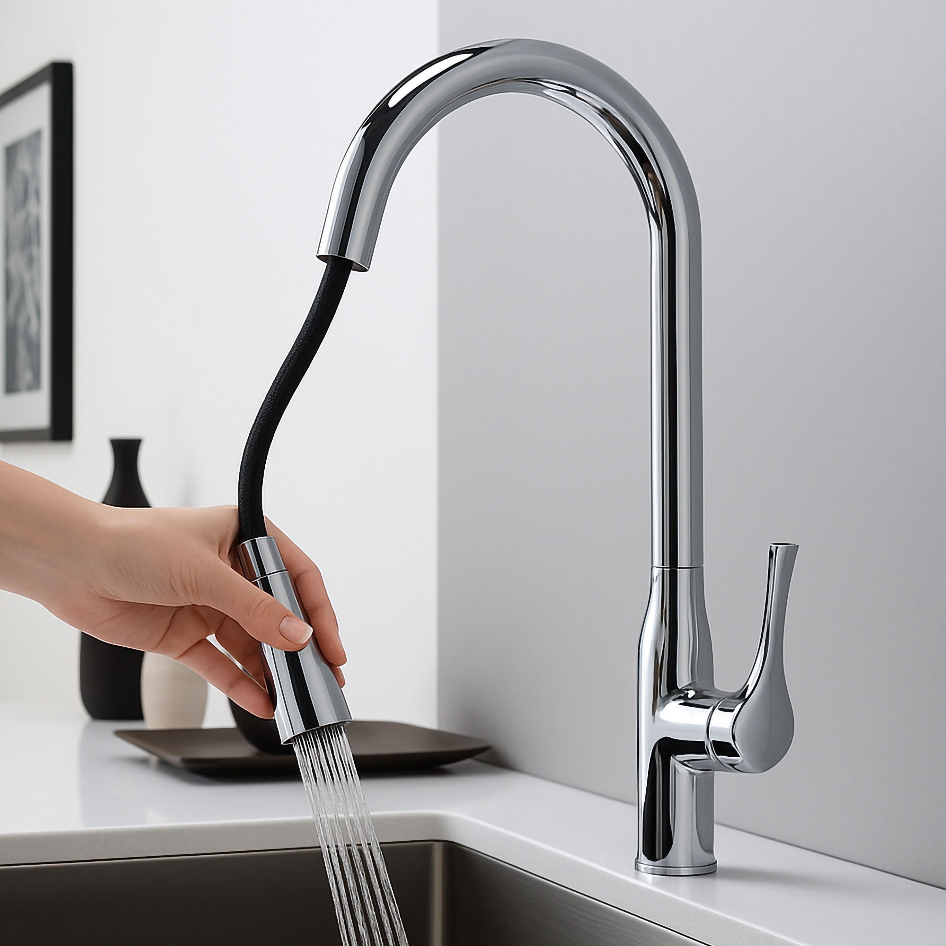 Avorio Küchenarmatur mit herausziehbarer Brause (Hochwertige Chrom-Designarmatur mit Keramikkartusche), Flexibler Brauseschlauch, Premium Qualität