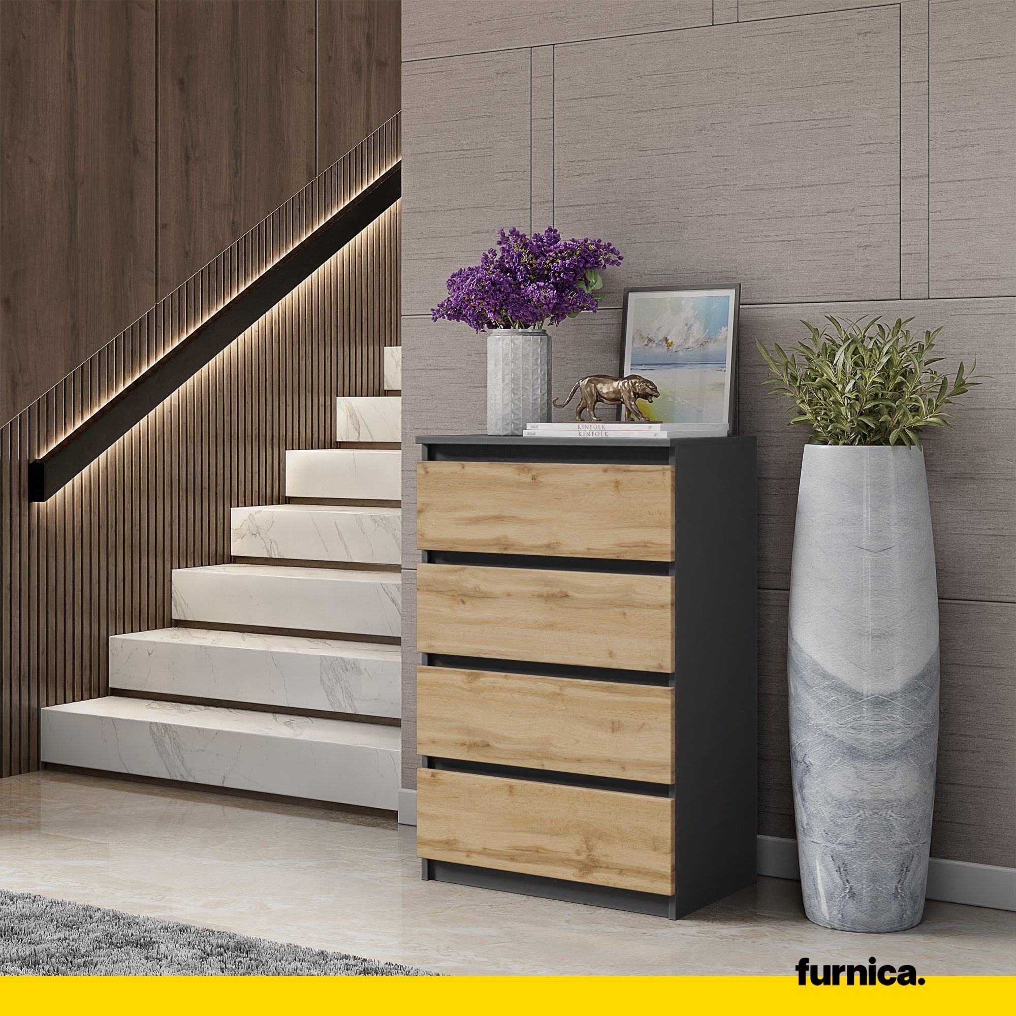 Furnica Kommode GABRIEL 4 Schubladen - Anthrazit Grau H92cm B60cm T33cm