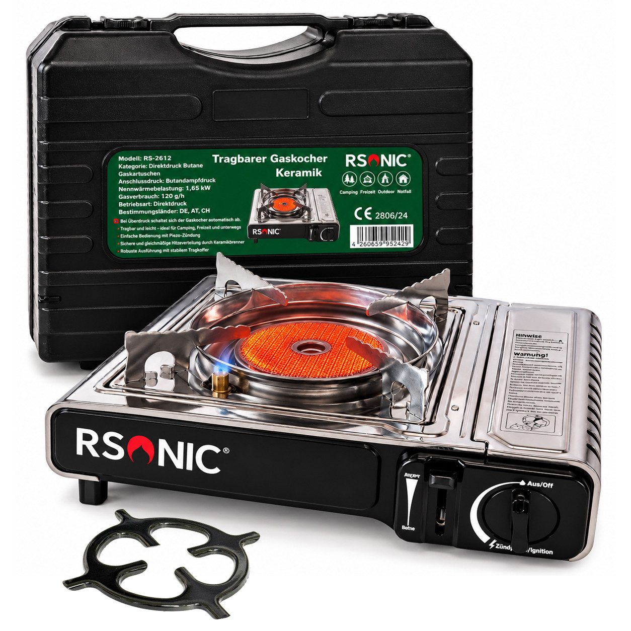 Rsonic Gaskocher Keramik Brenner inkl. Gasherdkreuz, Campingkocher Heizung, Piezo, Windschutz mit Koffer