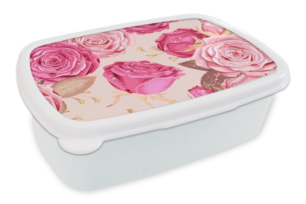 MuchoWow Lunchbox Rosen - Blumen - Drops, Kunststoff, (2-tlg), Brotbox für Kinder und Erwachsene, Brotdose, für Jungs und Mädchen weiß