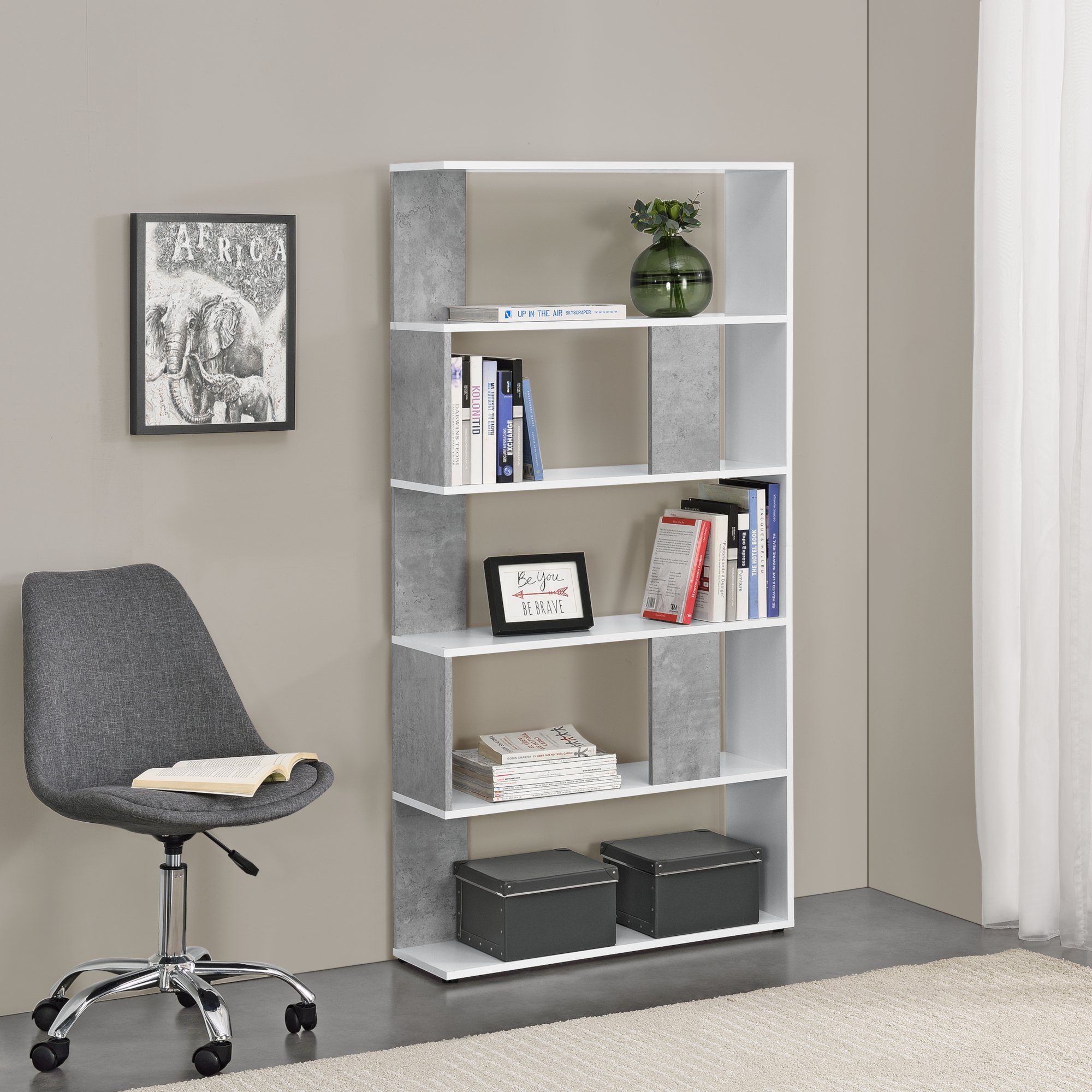 Regal 5 »Aneby« betonfarben Ablageflächen weiß en.casa mit 159x80x23,5cm Bücherregal, Weiß/Betonoptik -