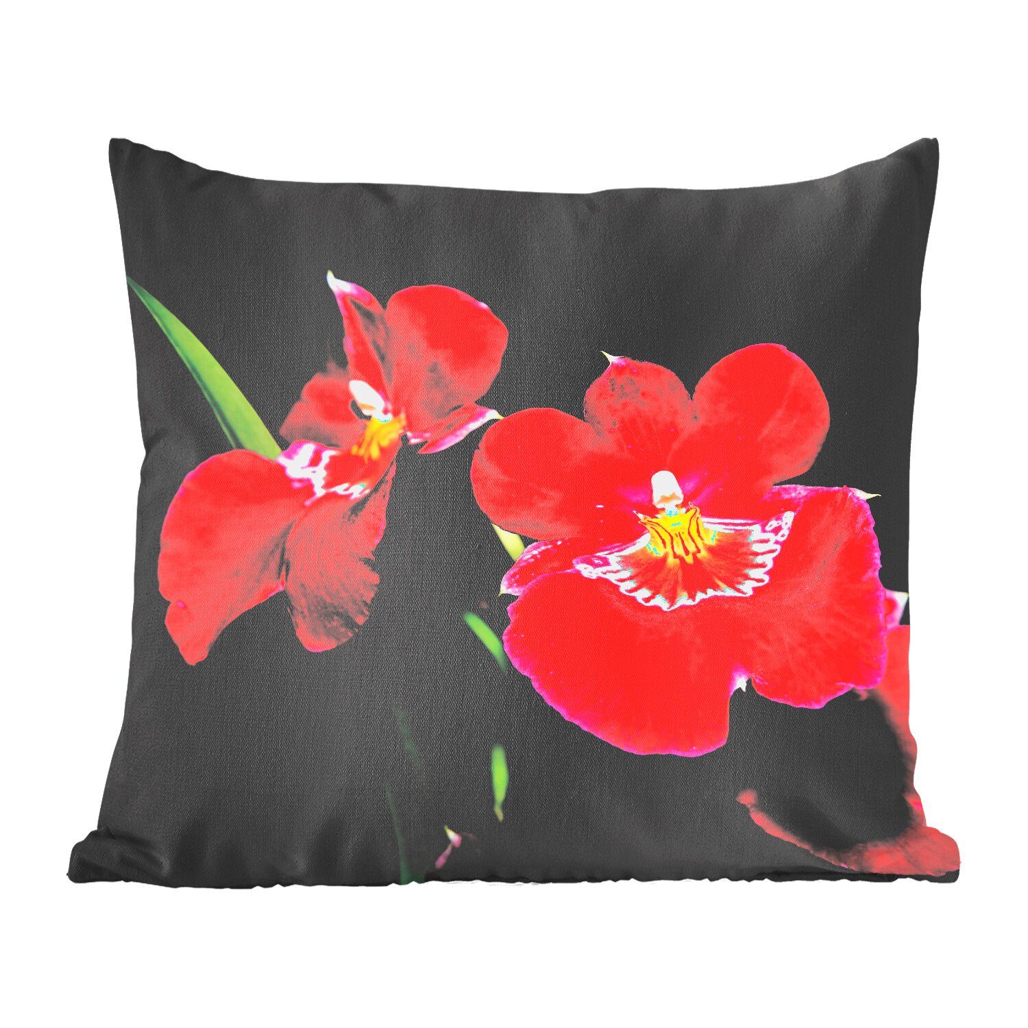 MuchoWow Dekokissen Rote Orchideen vor schwarzem Hintergrund, Zierkissen mit Füllung für Wohzimmer, Schlafzimmer, Deko, Sofakissen
