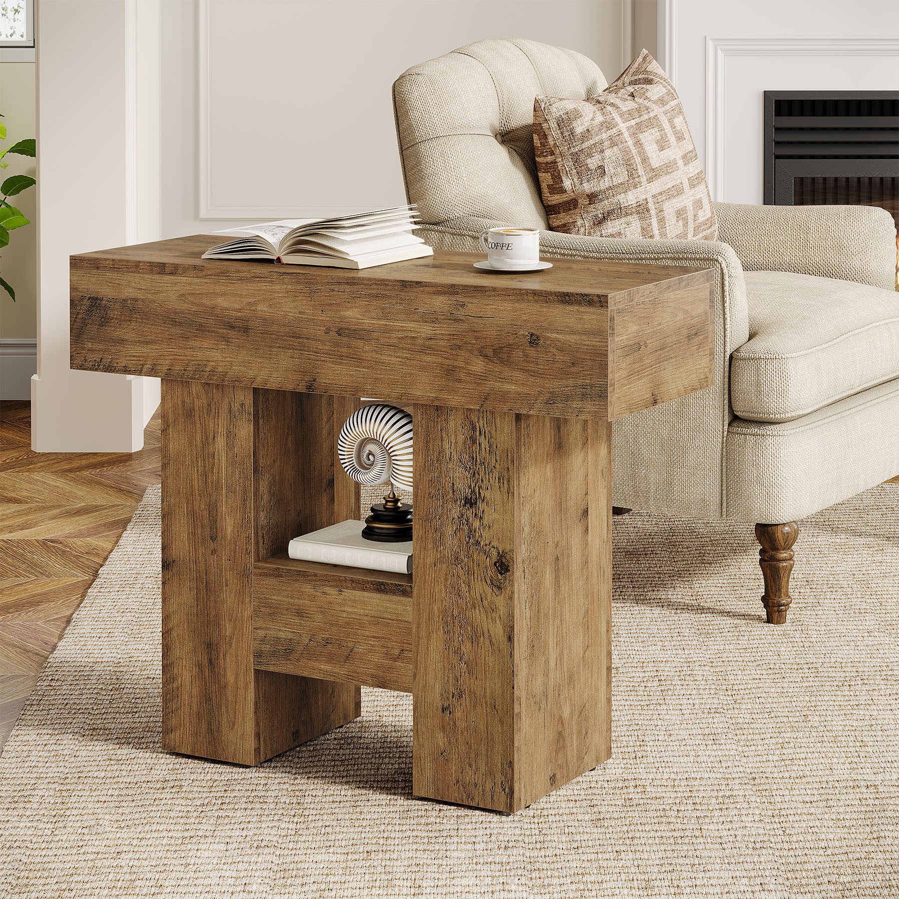 Tribesigns Beistelltisch Couchtisch mit 2 Ablagen, Sofatisch Schmaler Nachttisch Holz, Braun – Bild 3 von 5