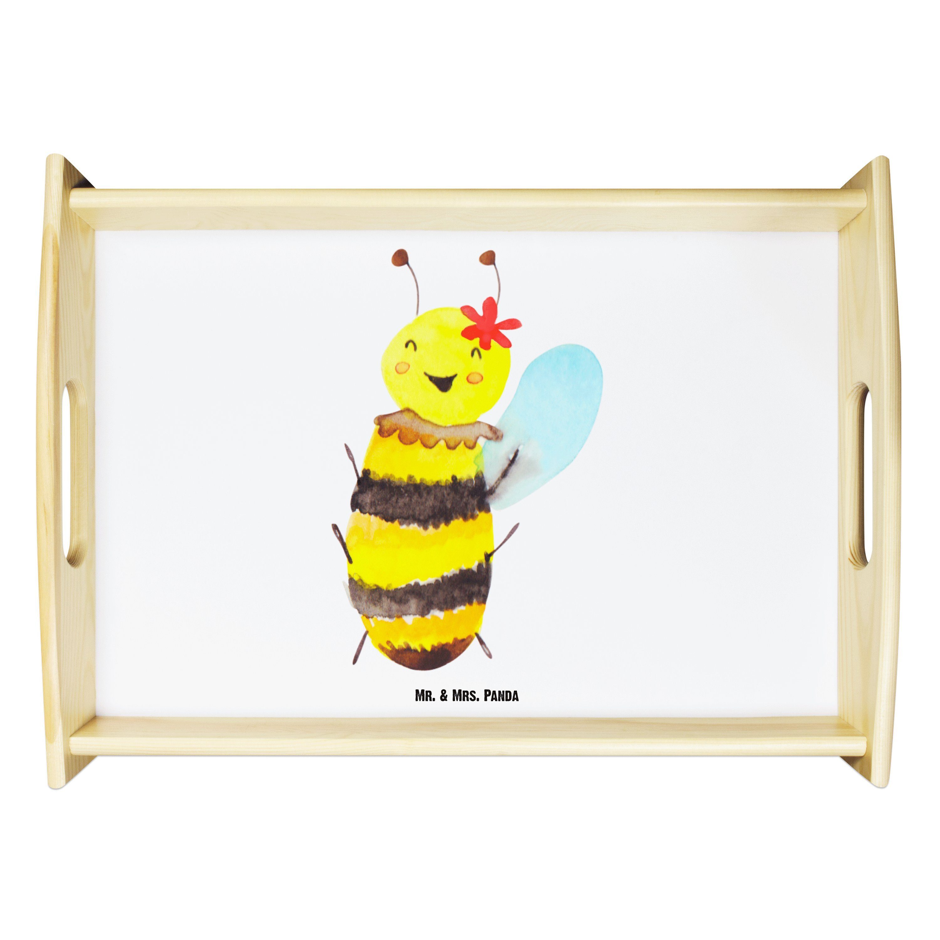 Mr. & Mrs. Panda Tablett Biene Happy - Weiß - Geschenk, Frühstückstablett, Tablett, Küchentabl, Echtholz lasiert, (1-tlg)