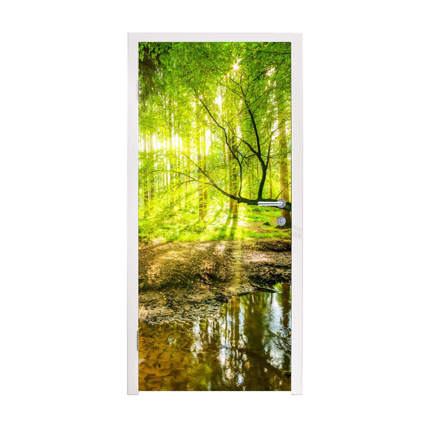 MuchoWow Türtapete Wald - Landschaft - Wasser - Bäume - Sonne - Grün - Natur, Matt, bedruckt, (1 St), Fototapete für Tür, Türaufkleber, 75x205 cm