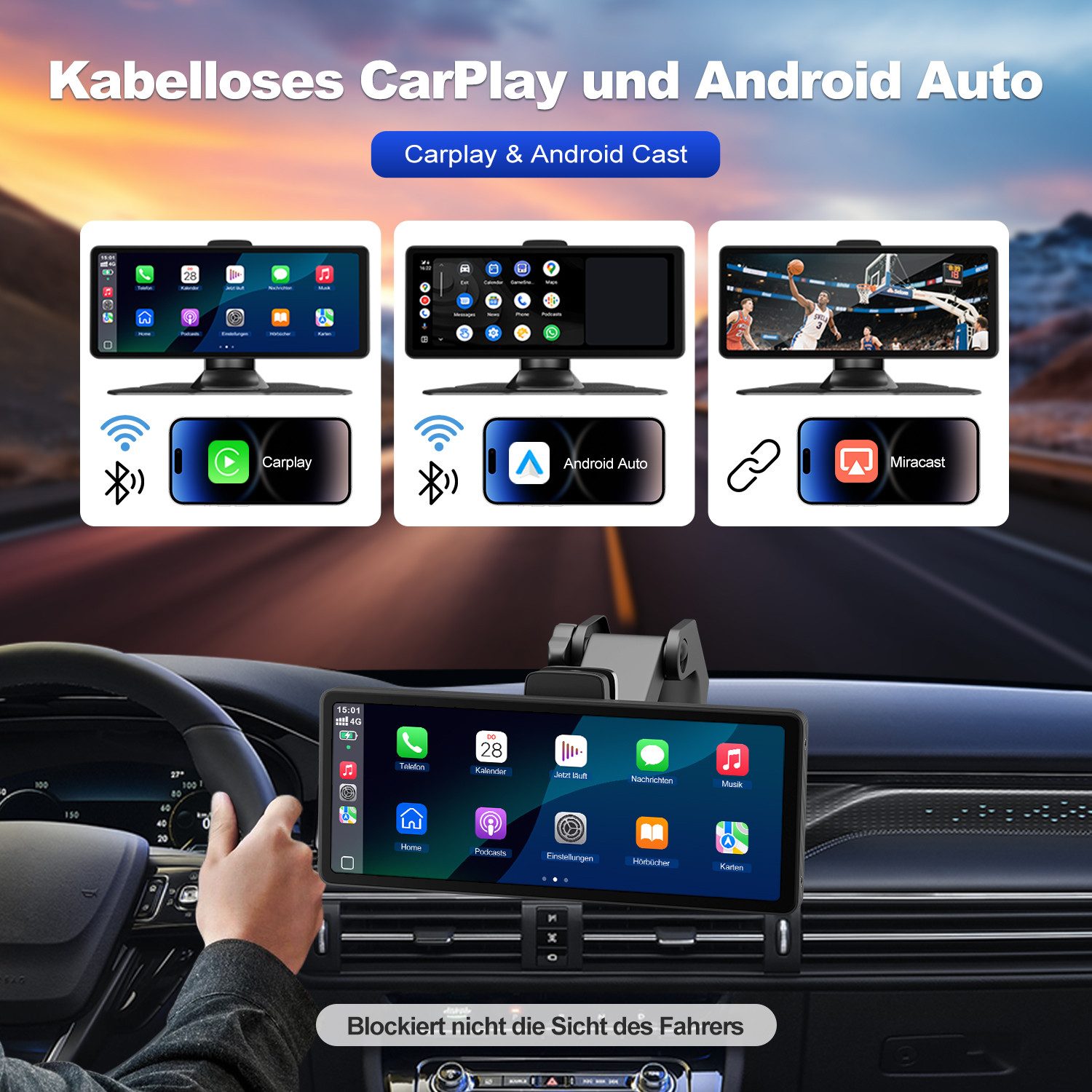CkeyiN 10,26-Zoll-HD Tragbar Kabellos Android Carplay Autodisplay Touchscreen Navigationsgerät (4K-Frontkamera, Bluetooth, AUX, FM, Mirror Link, Siri)