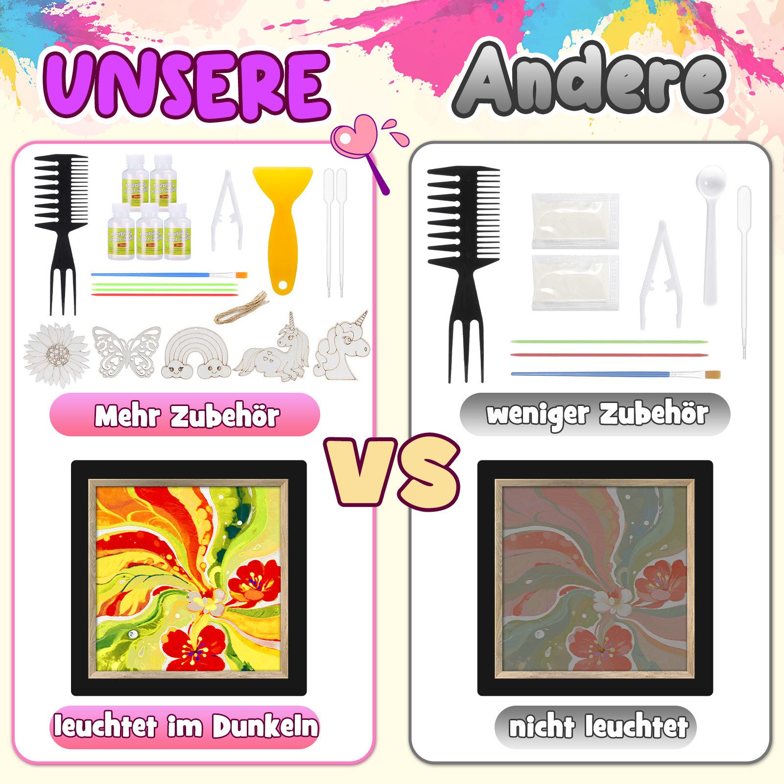 Wootoy Kreativset Wasser-Marmorierfarben Set DIY Mal- und Kunstset Kreativ-Bastelset, (mit 8 Farben 20 Blättern 9 Werkzeugen und A5-Tablett, 1-tlg., Fördert Kreativität Konzentration Feinmotorik durch Experimentieren), Geschenkset für Kinder die Kunst Farben und DIY-Projekte lieben
