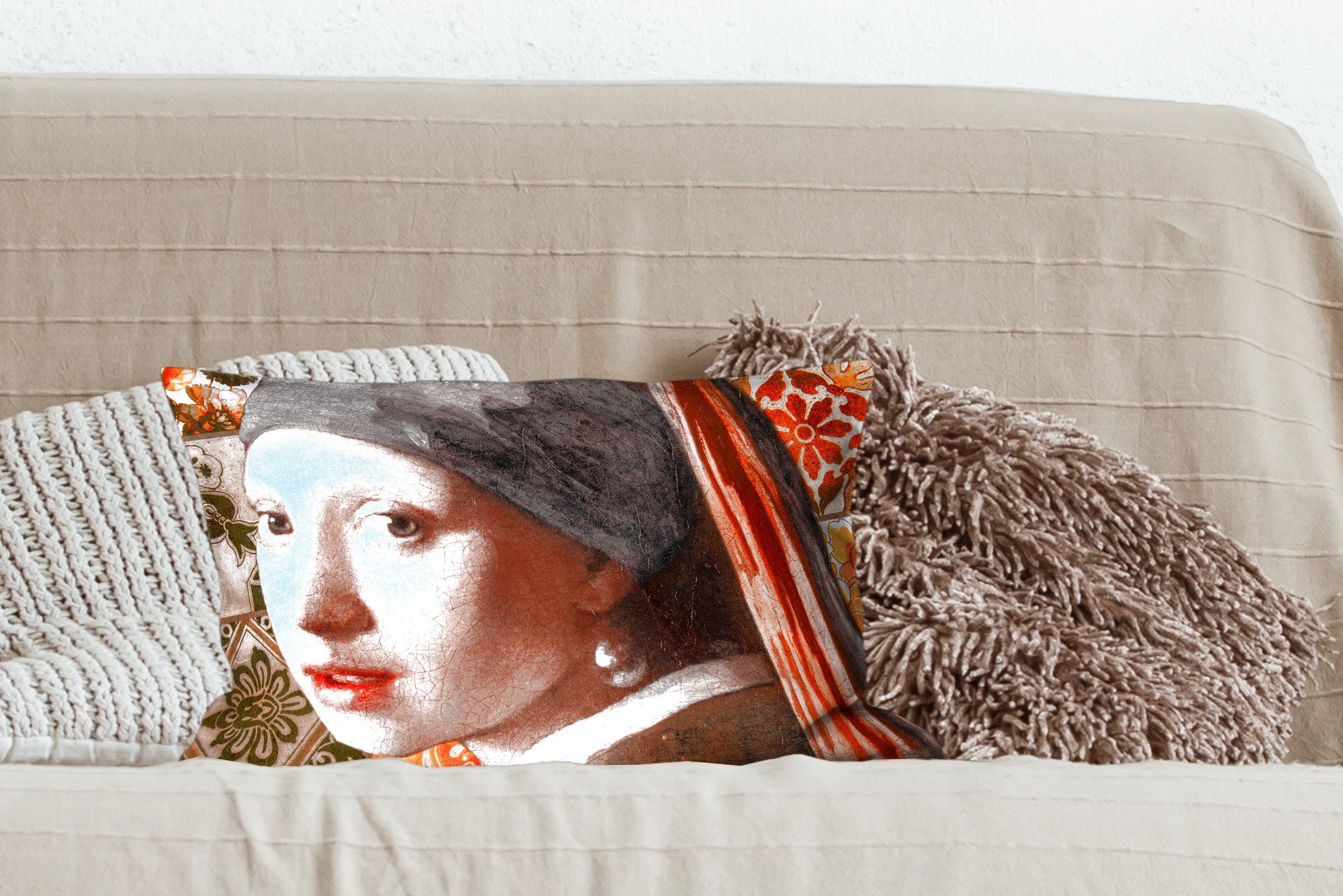 Dekokissen dem Zierkissen, - Dekoration, Das Wohzimmer mit Perlenohrring Collage, Füllung, Dekokissen Schlafzimmer MuchoWow mit - Mädchen Vermeer