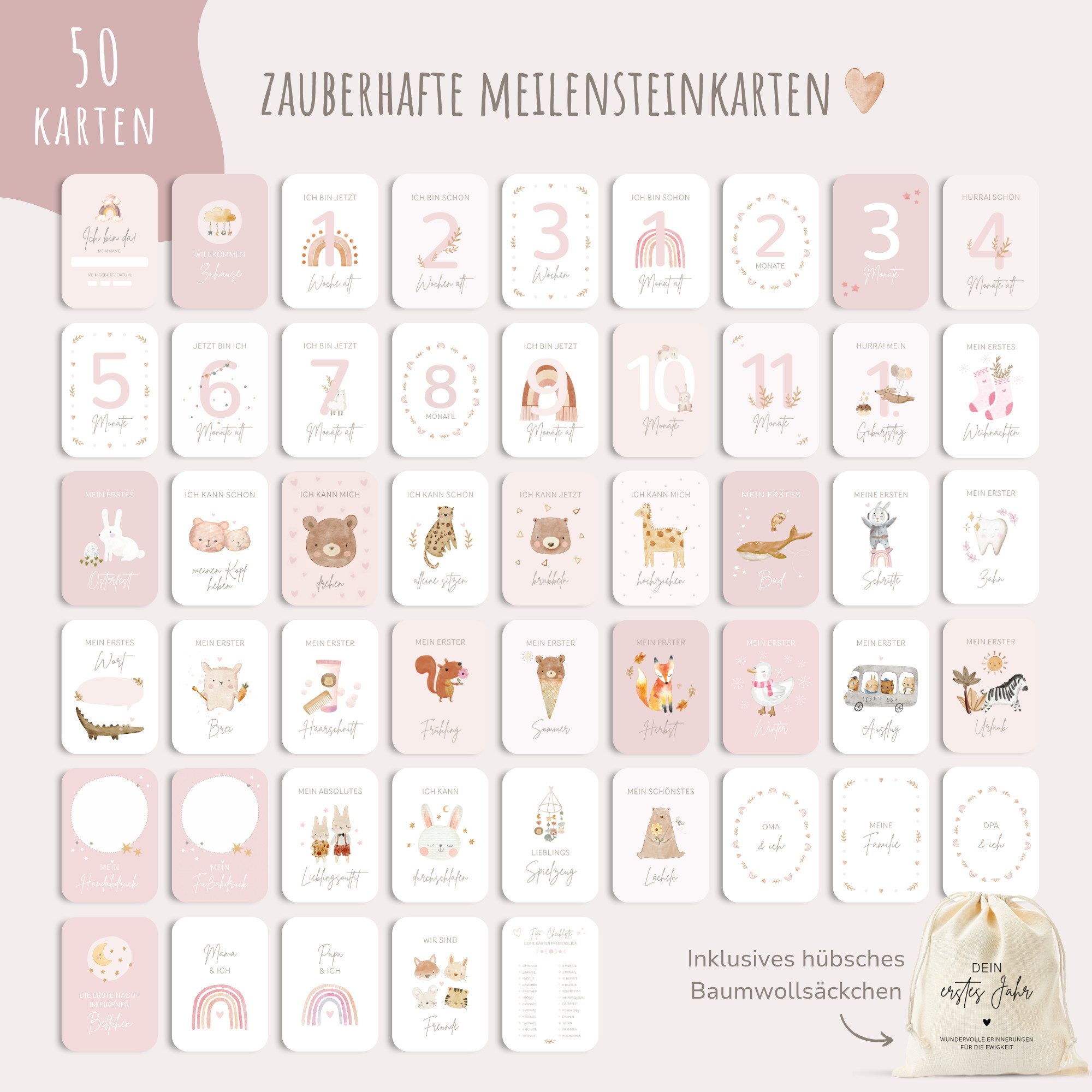 MeinBaby123® Geburtskarte 50 Meilensteinkarten "Dein erstes Jahr" zum Ausfüllen, inkl. Baumwollsäckchen, Geschenk zur Geburt, Meilensteinkarten Baby – Bild 2 von 5