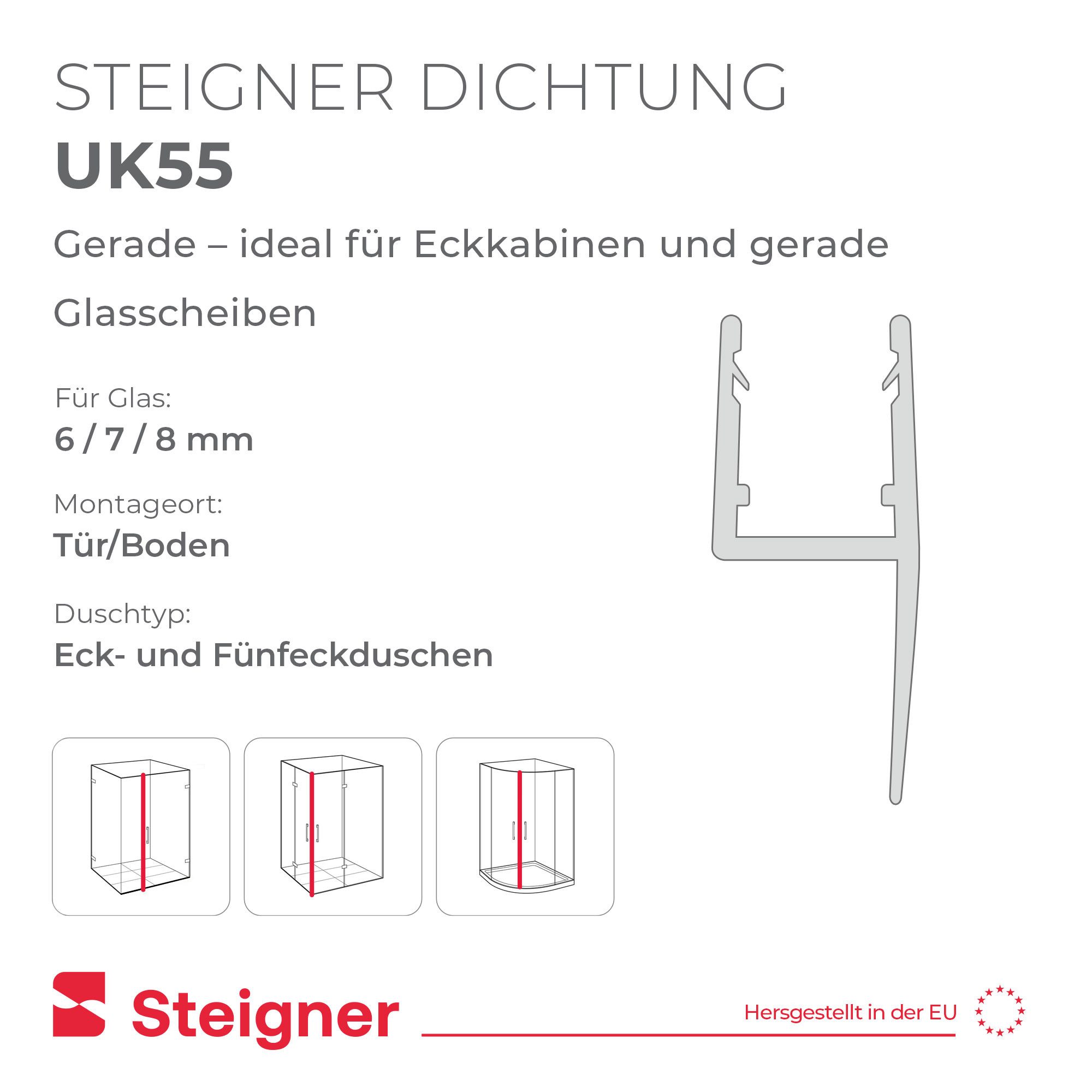 STEIGNER Duschdichtung Duschtürdichtung Gerade UK55 30 cm (1 Stk) Transparent 6-8 mm, L: 30 cm, (1 Stück Packung, Einzeldichtung), Dichtung gerade für Eckeinsti – Bild 4 von 5