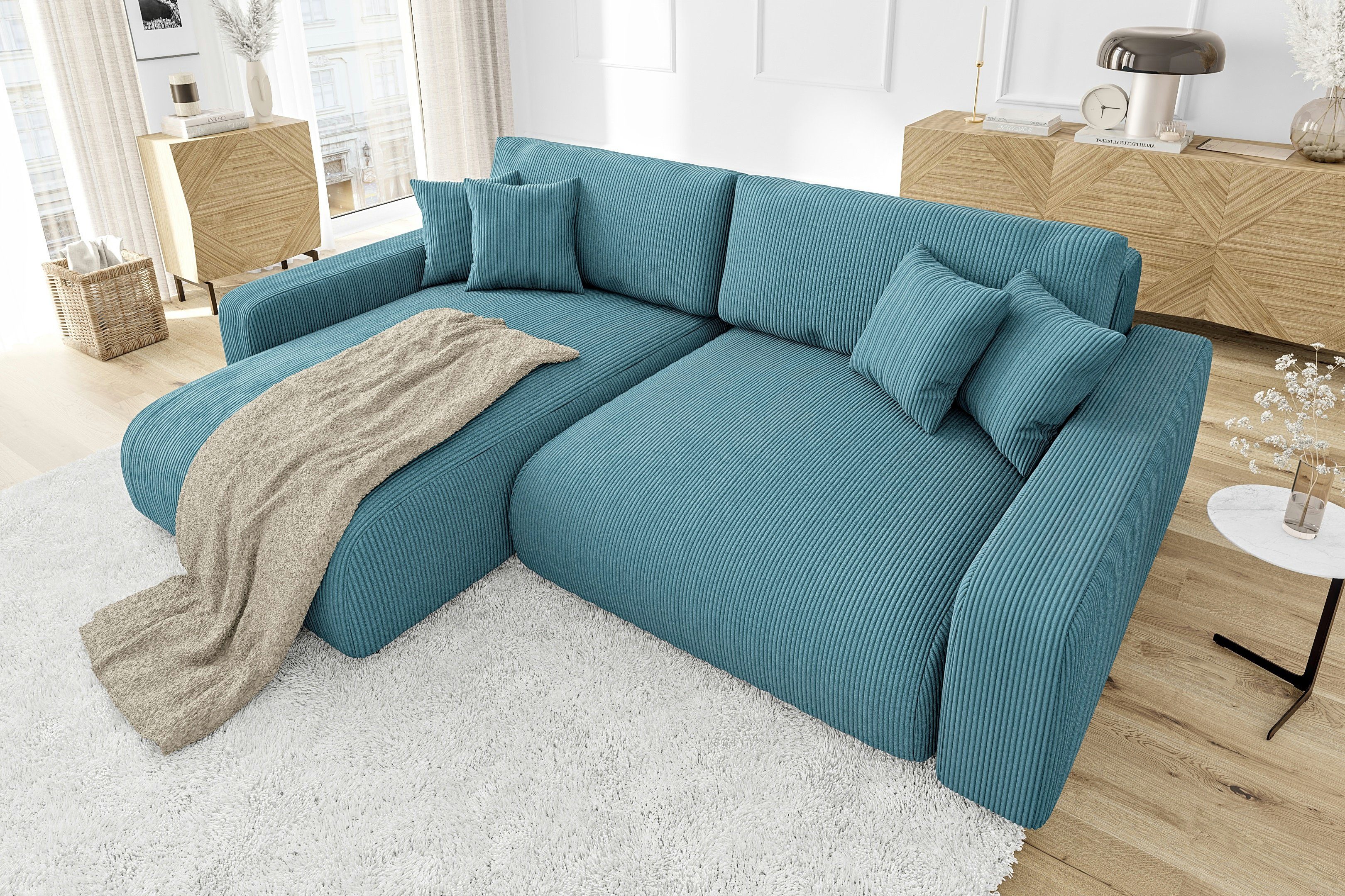 S-Style Möbel Ecksofa Emma mit Bettfunktion in Cord-Stoff, schöner Sitzkomfort, Ottomane links oder rechts bestellbar, mit Wellenfederung