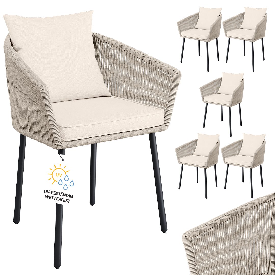 STEELSØN Gartenstuhl Nair mit Sitzauflagen & Kissen (6er Set, beige), Gartensessel aus Polyrattan, elastisches Seilgeflecht, wetterbeständig