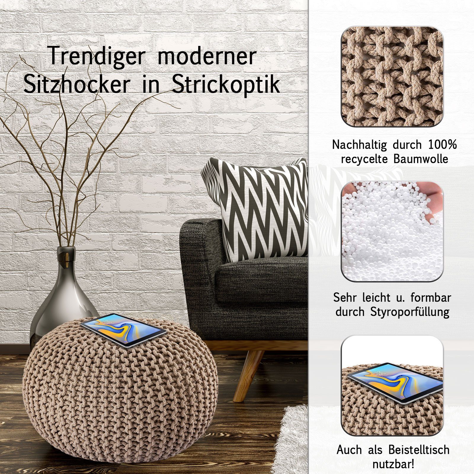 Casamia Pouf Pouf Ø 55 o. 45 cm Strickhocker Sitzpouf Bodenkissen für Innen günstig online kaufen
