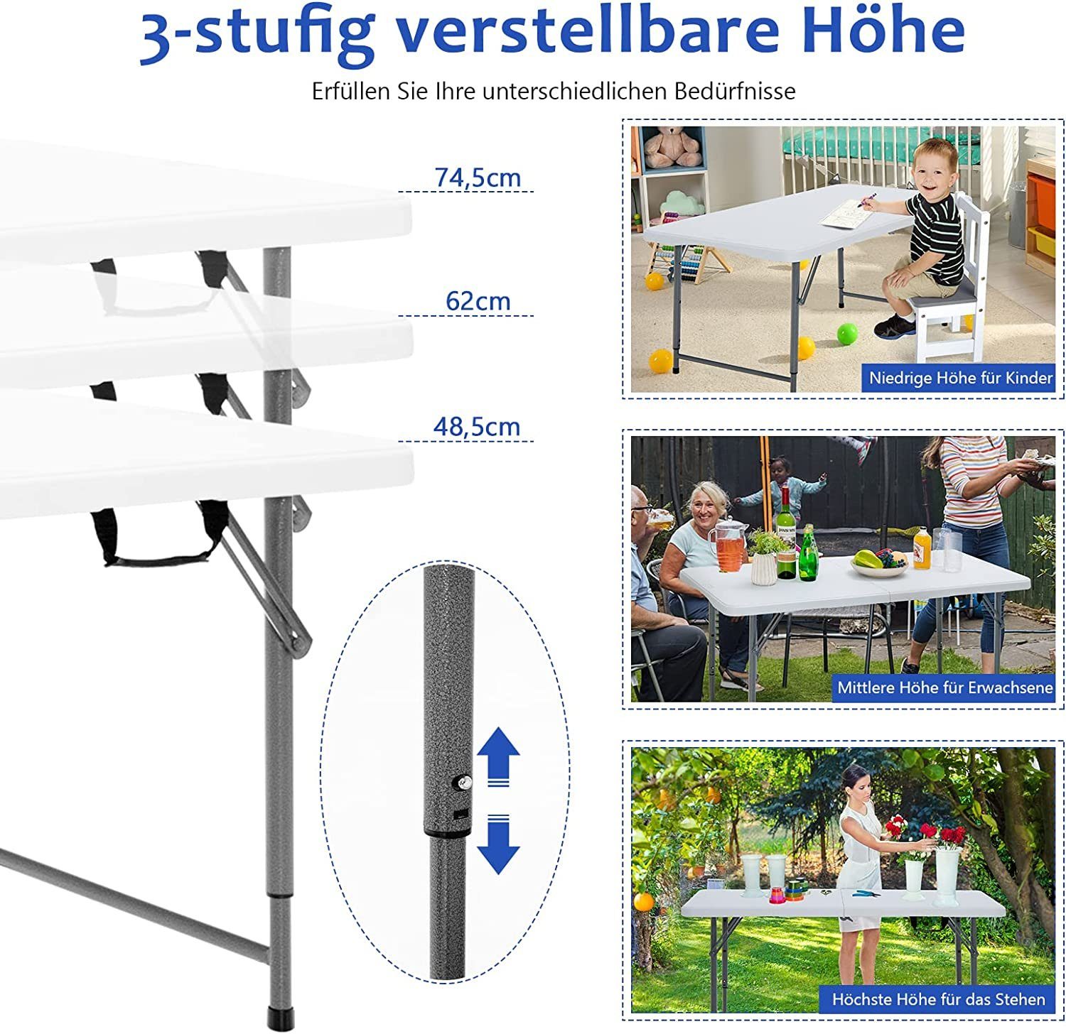 KOMFOTTEU Campingtisch Gartenklapptisch aus Eisenrohr & HDPE mit Griff, 3-Fach höhenverstellbarer