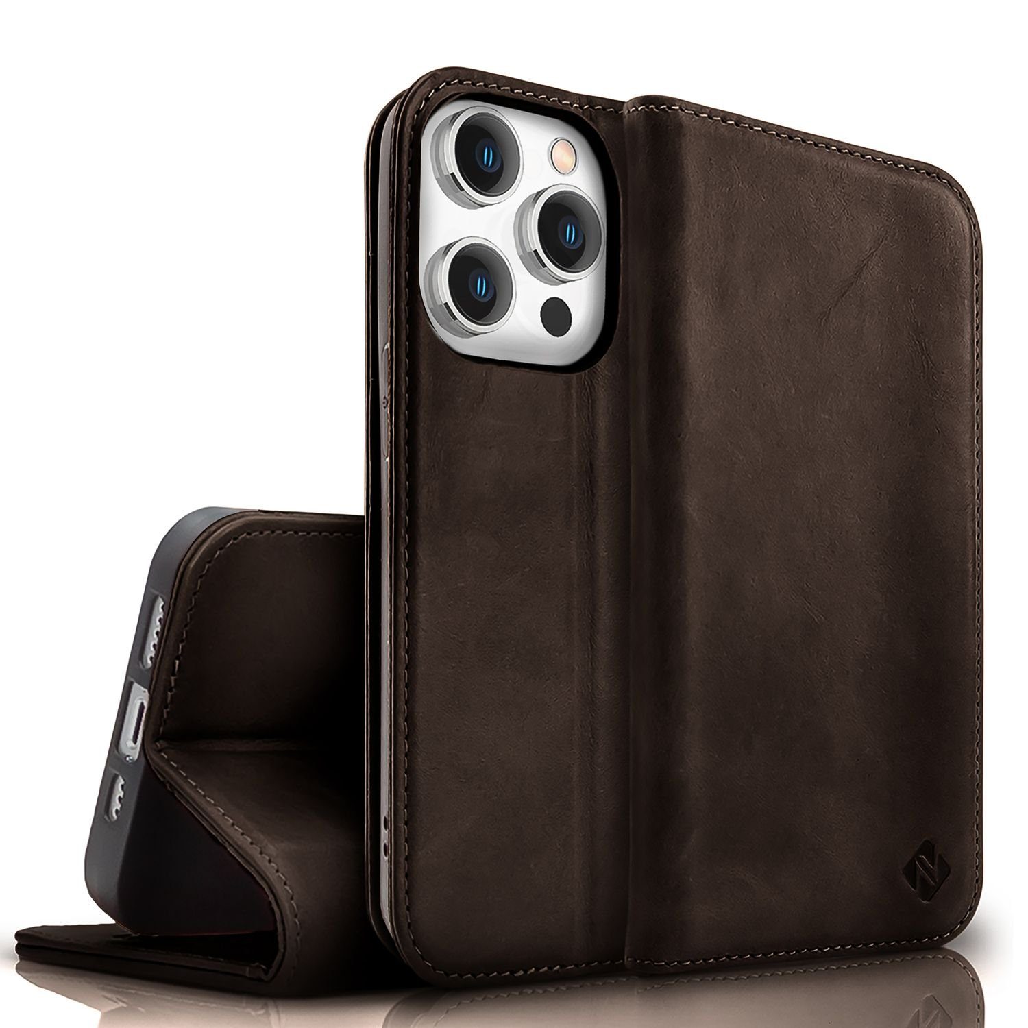 Nalia Smartphone-Hülle Apple iPhone 15 Pro 15,5 cm (6,1 Zoll), Echt Leder Etui / Standfunktion Kickstand / RFID Schutz Handyhülle