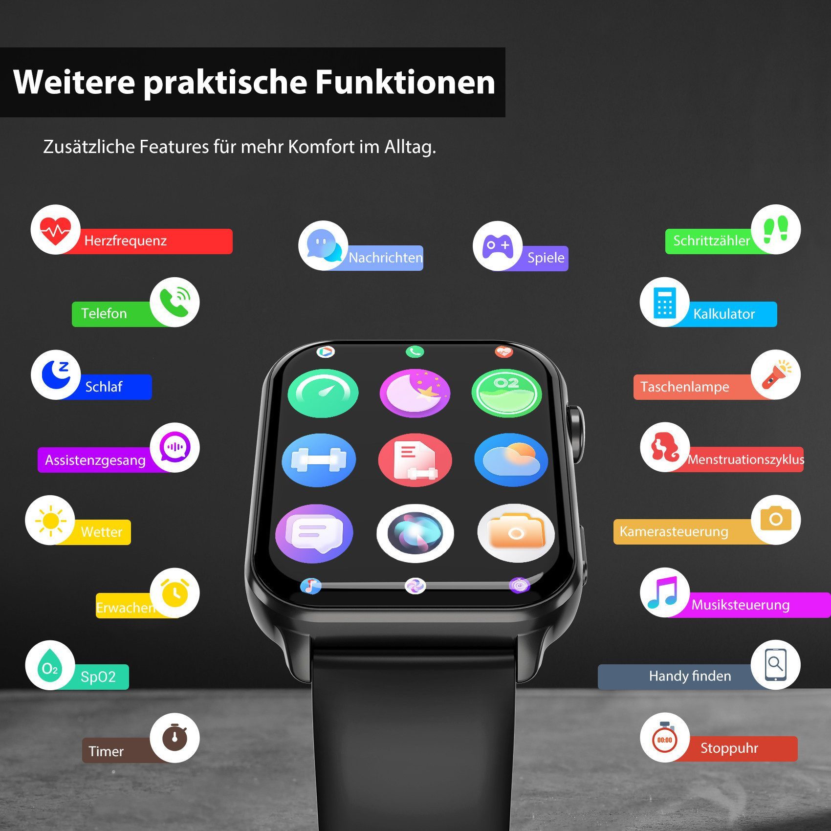 blackview 1,91 Zoll Smartwatch Damen Herren mit Taschenlampe, Bluetooth Anrufe Smartwatch (4,85 cm/1,91 Zoll, iOS/Android), 350mAh (6+Tage),100+ Sportmodi,Fitnessuhr für Android iOS,Herzfrequenz
