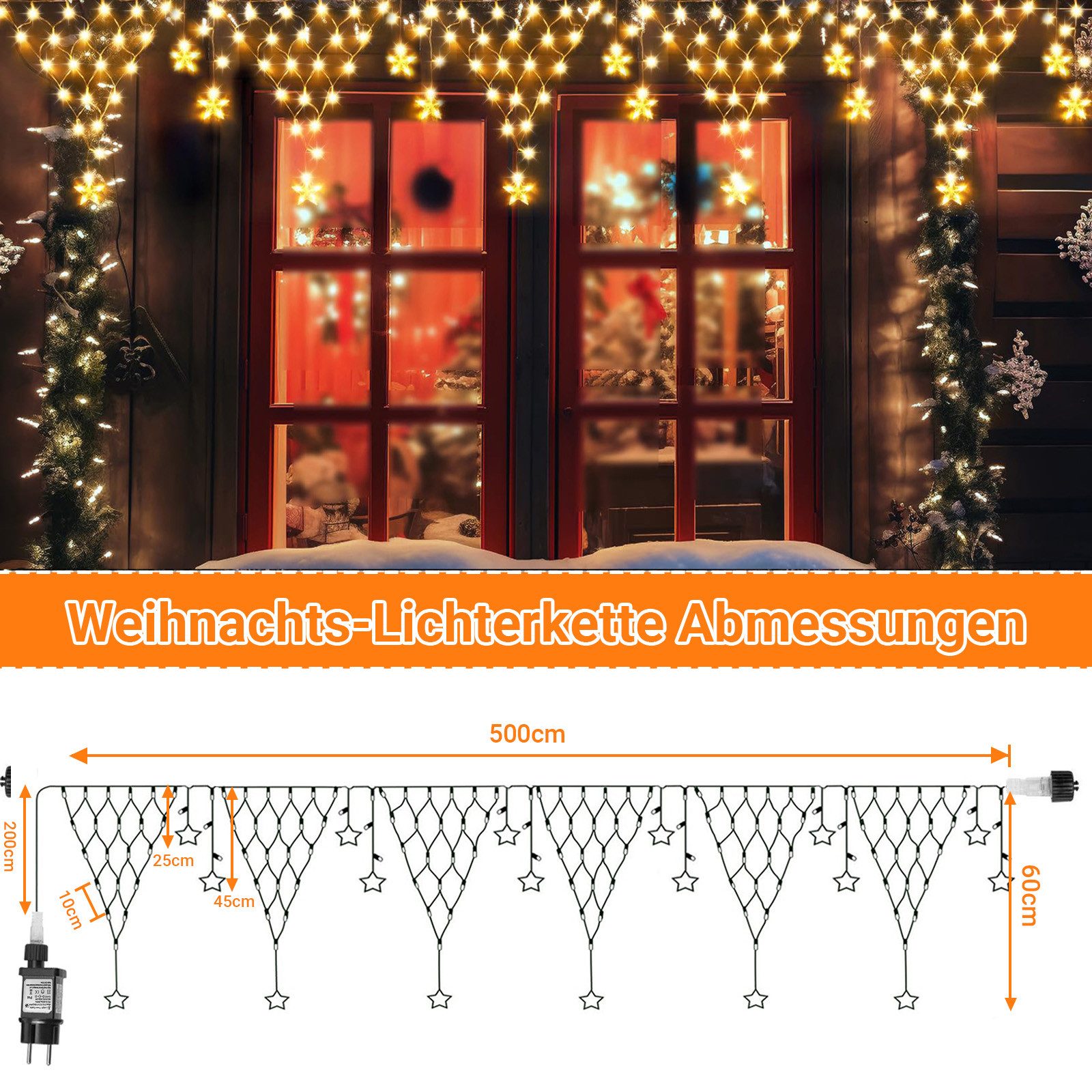 Rosnek LED-Lichtervorhang LED Lichterkette Sterne Weihnachten,LED Lichtervorhang Beleuchtung, Gartenbeleuchtung,für Party Garten Balkon Hochzeit Weihnachten – Bild 2 von 5