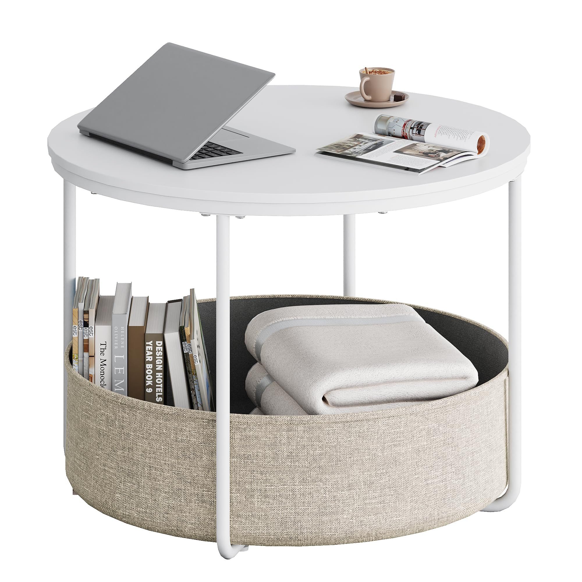 WLIVE Couchtisch rund, Beistelltisch mit Stoffkorb, Aufbewahrung, Weiß matt (Packung, 1 Tisch), für Wohnzimmer, Schlafzimmer, moderner Stil
