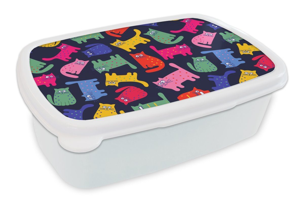 MuchoWow Lunchbox Muster - Katze - Regenbogen - Rosa - Mädchen - Kinder - Kind, Kunststoff, (2-tlg), Brotbox für Kinder und Erwachsene, Brotdose, für Jungs und Mädchen weiß