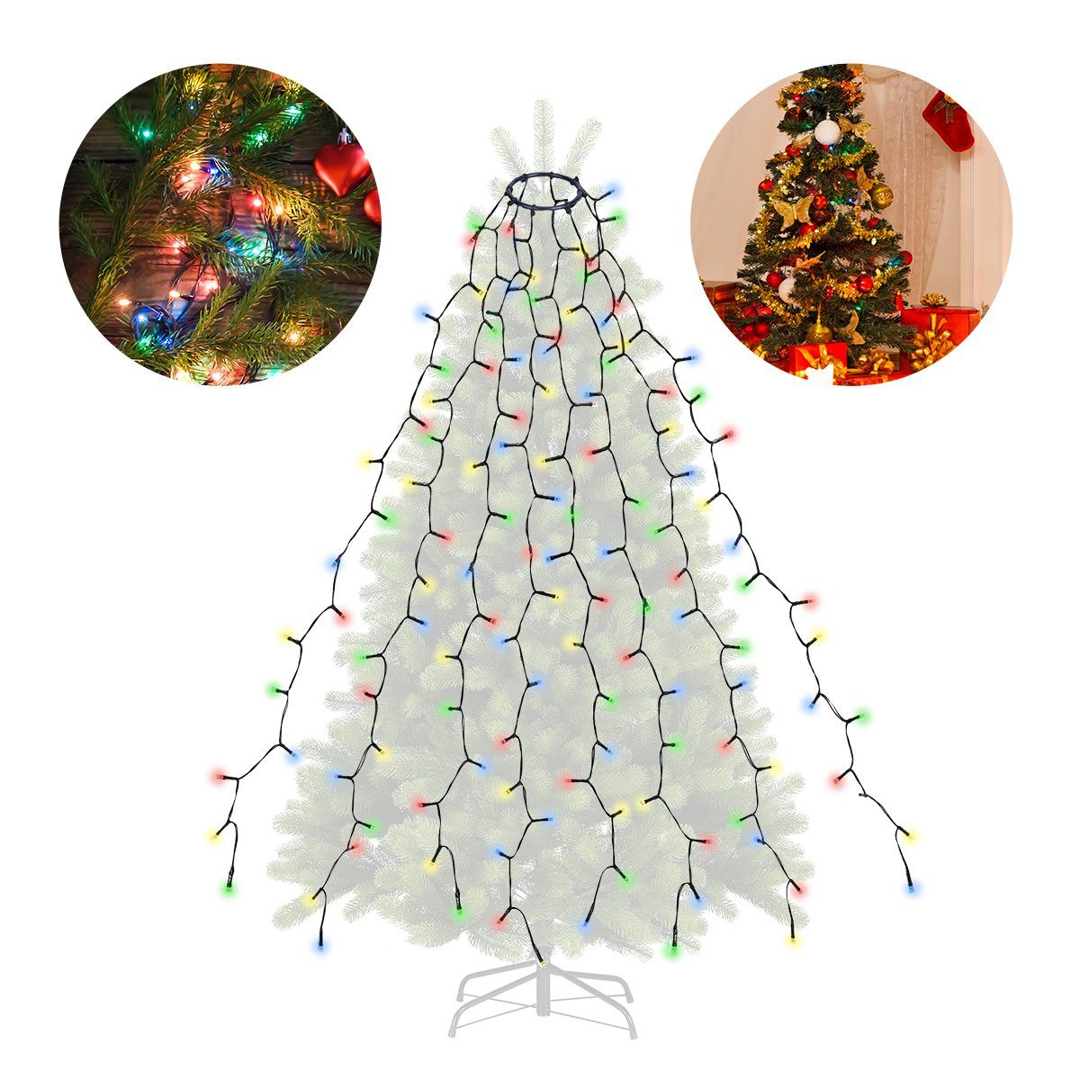 Salcar LED-Lichterkette LED Lichterkette Weihnachtsbaum mit Ring weihnachtsbaumbeleuchtung, 9 Modi/ 2m 8 Girlanden für 150cm - 240cm Tannenbaum