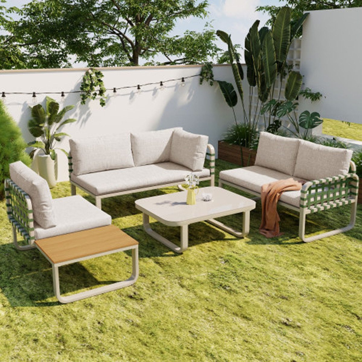 Welikera Gartenlounge-Set Outdoor Sofa Set inkl. aller Sitz & Rückenkissen (4-5 Sitzer), Balkonset, Garten und Terrasse, Aprikose