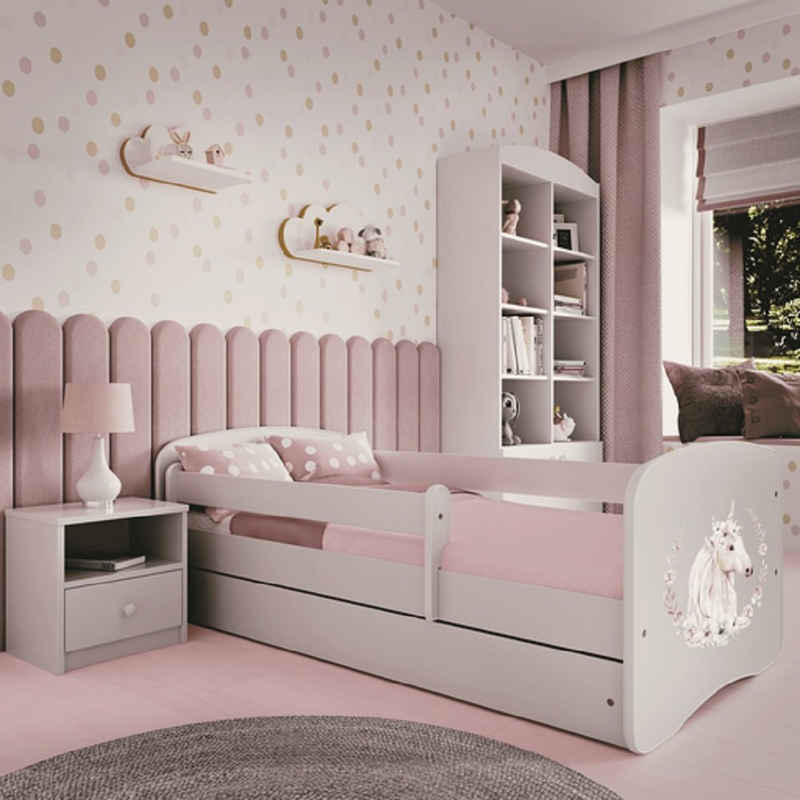 Kids Collective Kinderbett Jugendbett Kinderbett mit Rausfallschutz, Lattenrost & Schublade, 160x80 in weiß Mädchen Bett rosa Pferd, Matratze optional