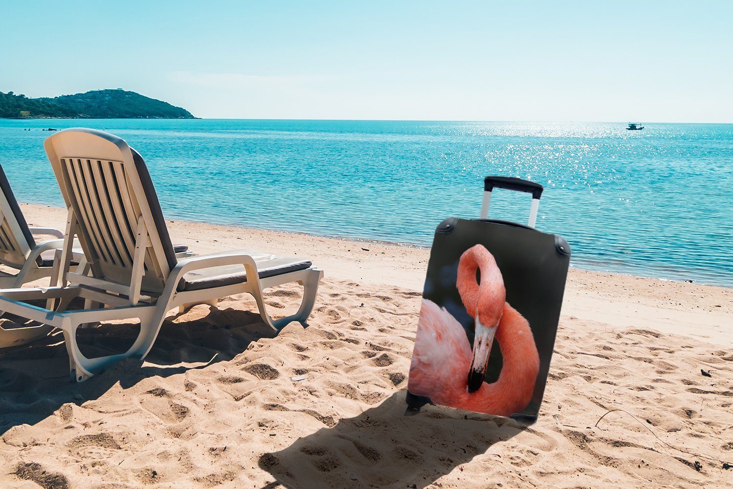 MuchoWow Handgepäckkoffer Nahaufnahme eines schwarzem rosa auf mit Handgepäck Reisekoffer 4 Trolley, Reisetasche Hintergrund, Rollen, Flamingos für Ferien, rollen