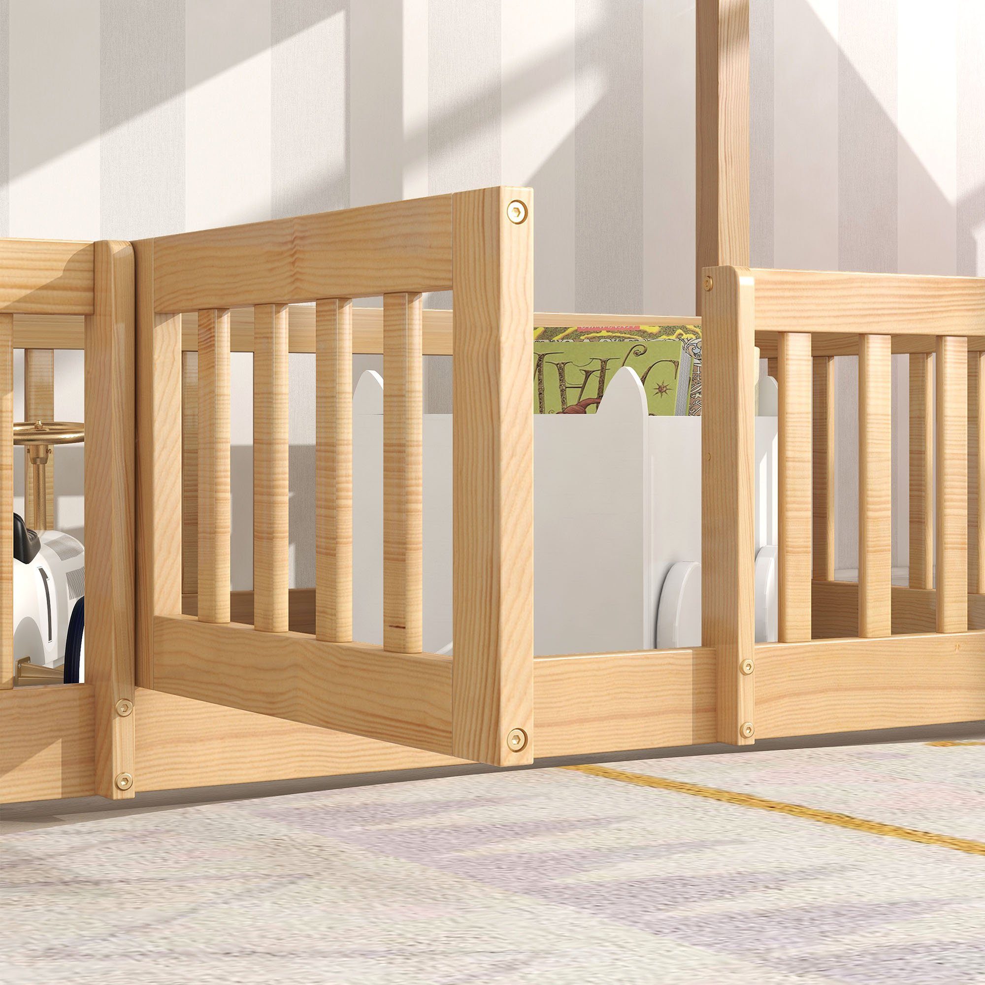 Etagenbett (Hochbett 90x200 cm mit Lattenrost und Rausfallschutz), Kinderbett mit Leiter, Zäune und Tür, aus massivem Kiefernholz