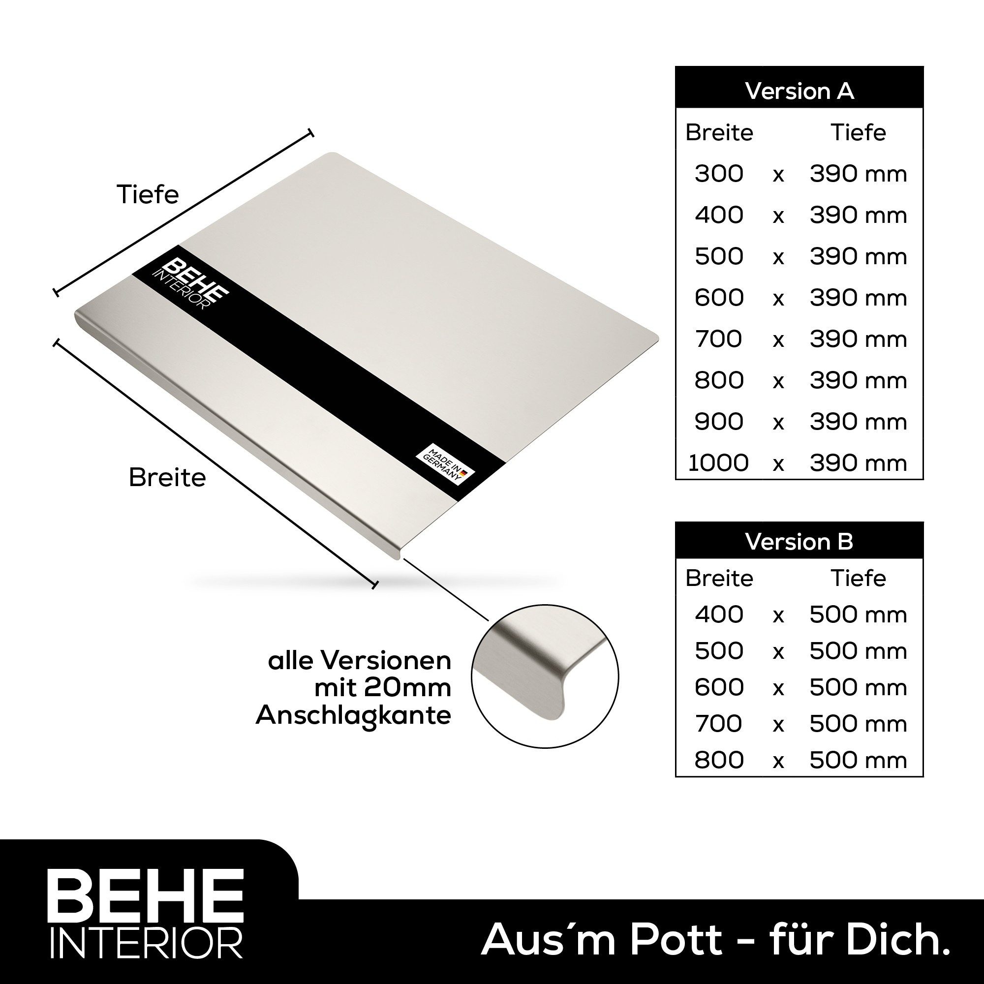 BEHE Interior Schneidebrett Edelstahl Knetbrett, Arbeitsplatte [versch. Größen], rutschfest