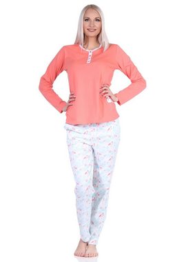Normann Pyjama Damen Schlafanzug Langarm mit Flamingo Motiv und Knopfleiste am Hals