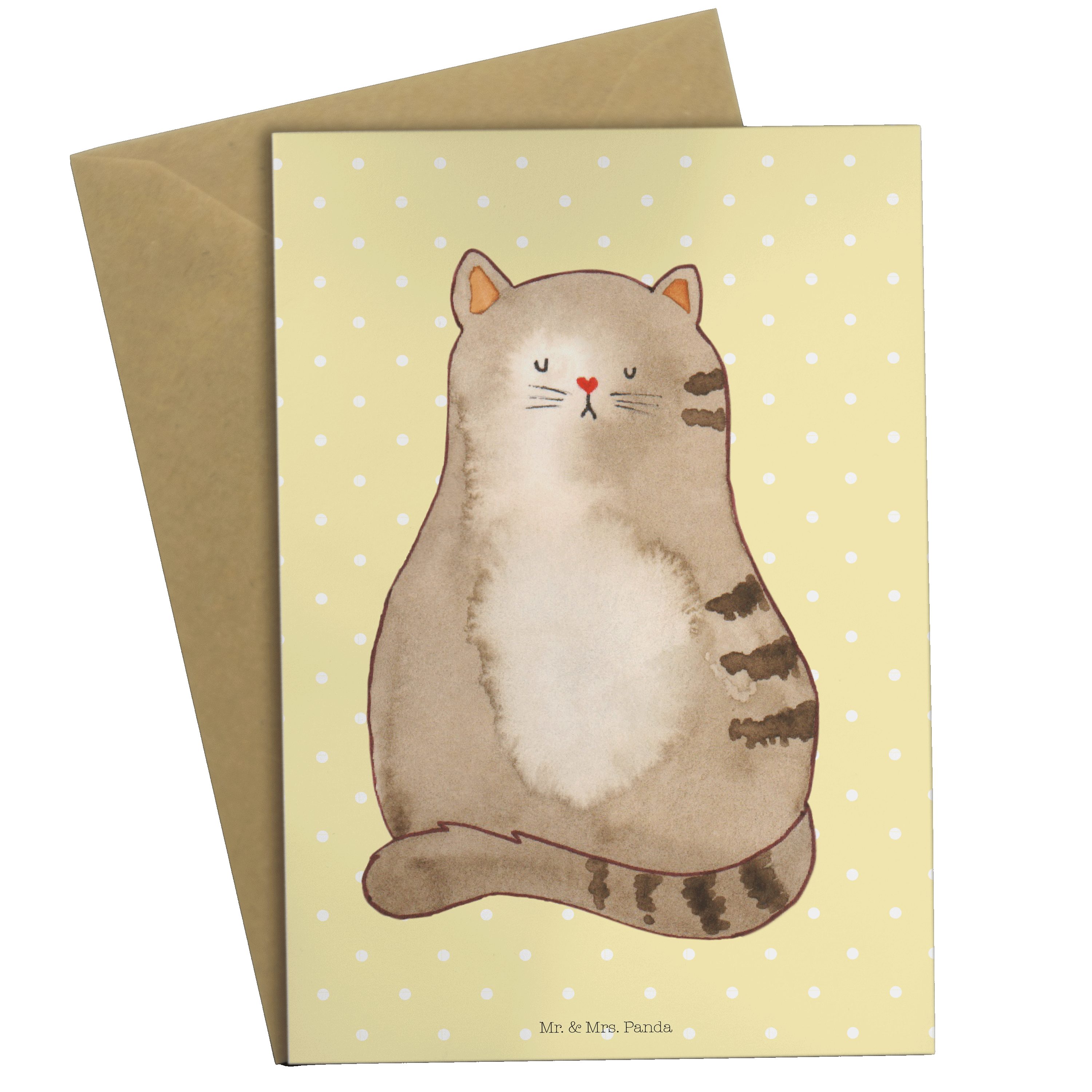 Mr. & Mrs. Panda Grußkarte Katze sitzend - Gelb Pastell - Geschenk, gestreift, Glückwunschkarte