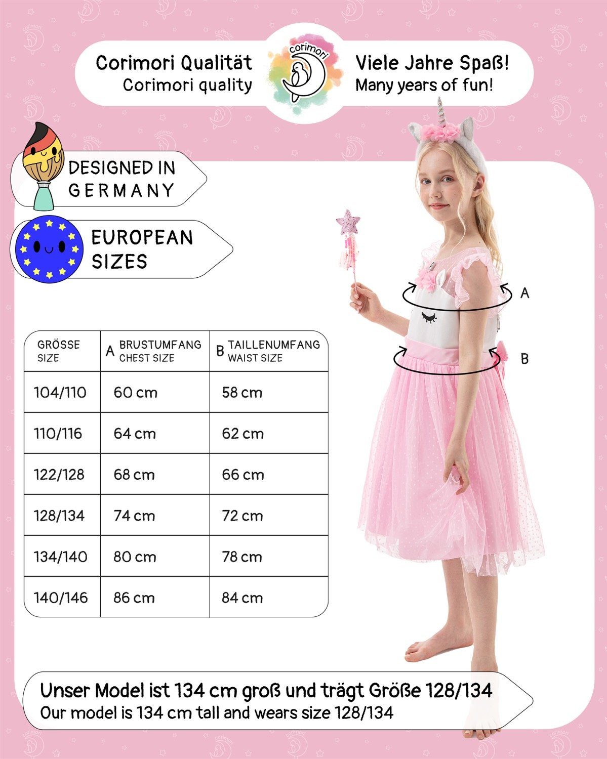 Corimori Prinzessin-Kostüm Bequemes Einhorn Kleid für Kinder, Karneval Set, mit Flügeln, Haarreif, Glitzer Zauberstab und Tattoos, Größe 140/146