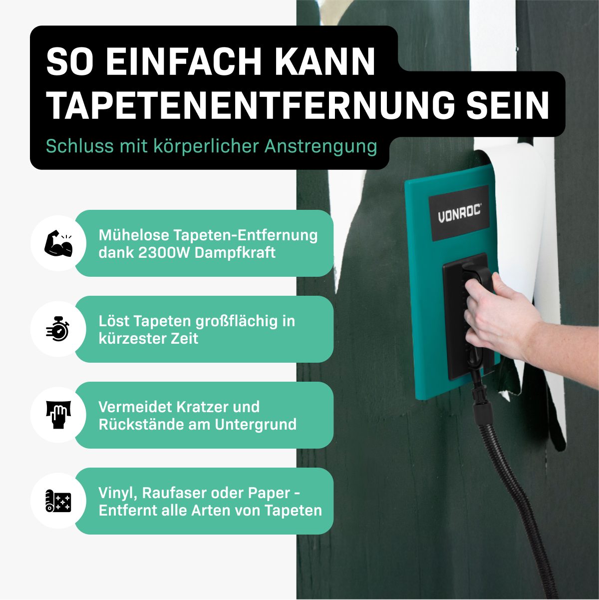 VONROC Dampftapetenablöser zum Tapeten entfernen, 4 m Schlauch, max. Dampfzeit 70 min, (Tapetenentferner, Tapetenlöser Dampf Vonroc) Tapetenablöser mit Dampf – Bild 3 von 5