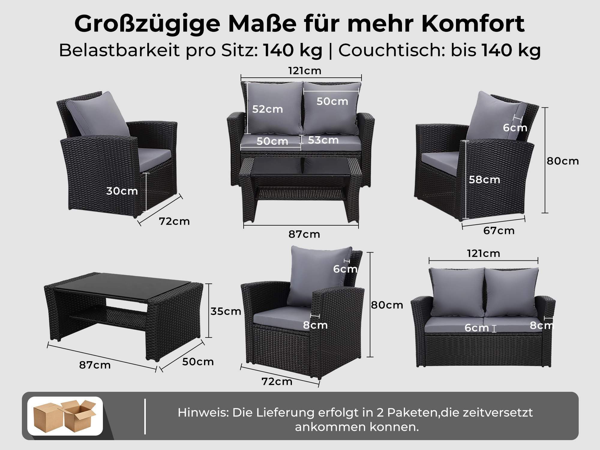 MeXo Gartenlounge-Set Polyrattan Gartenmöbel Set für 4 Personen, wetterfest, (Balkonset Sitzgruppe, 4-tlg., mit Tisch & Stauraum), hohe Rückenlehne 80 cm, breite Armlehnen 8 cm