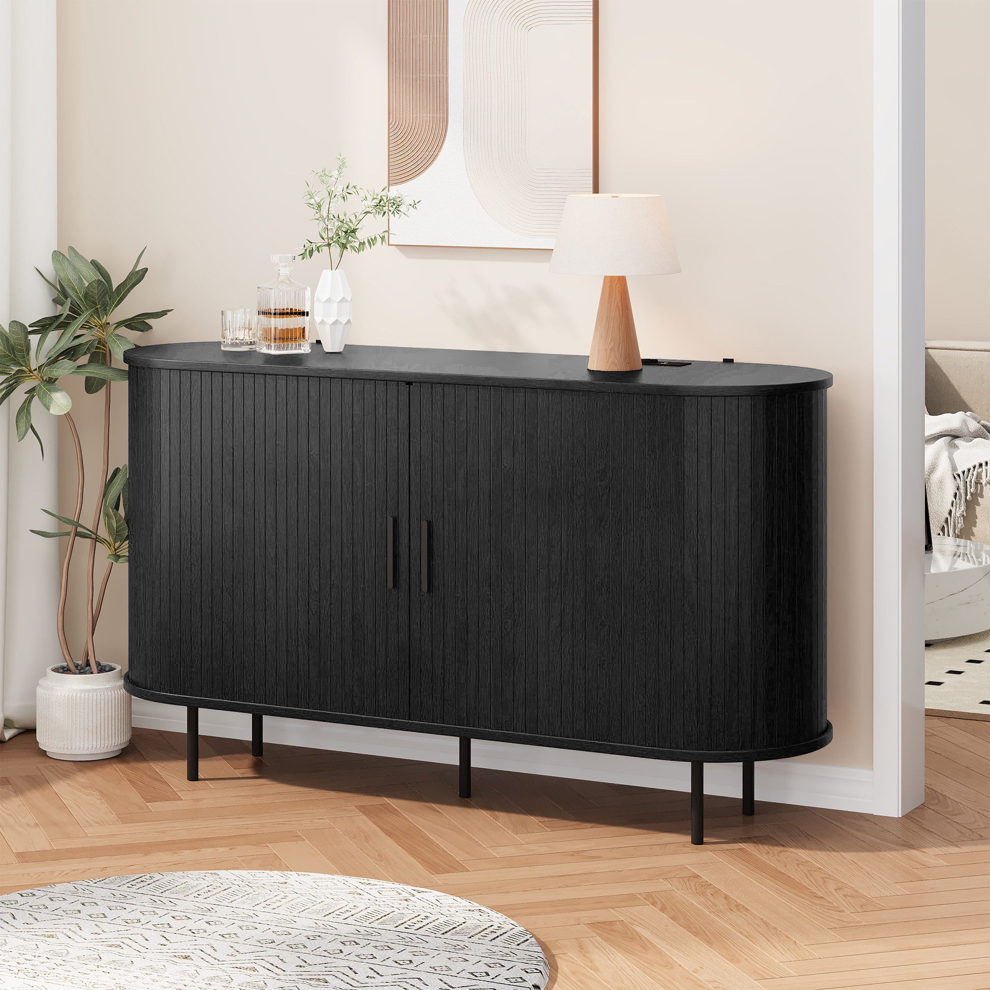 Bealife Sideboard in Holzoptik mit Rolltüren & Metallbeinen, 140x40x75cm – Bild 3 von 5