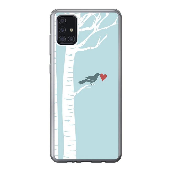 MuchoWow Handyhülle Eine Illustration eines Vogels mit Herz in einer Birke Handyhülle Samsung Galaxy A52 5G Smartphone-Bumper Print Handy