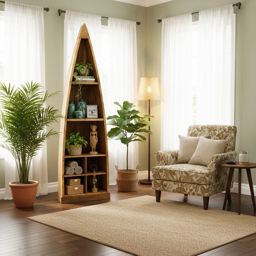 OPIUM OUTLET Deko-Wandregal Regal in Bootsform massiv Mangoholz, komplett montiert, kastanienbraun, asiatisch, indisch, orientalisch, Eckregal, Bücherregal, Raumteiler, Wandschrank