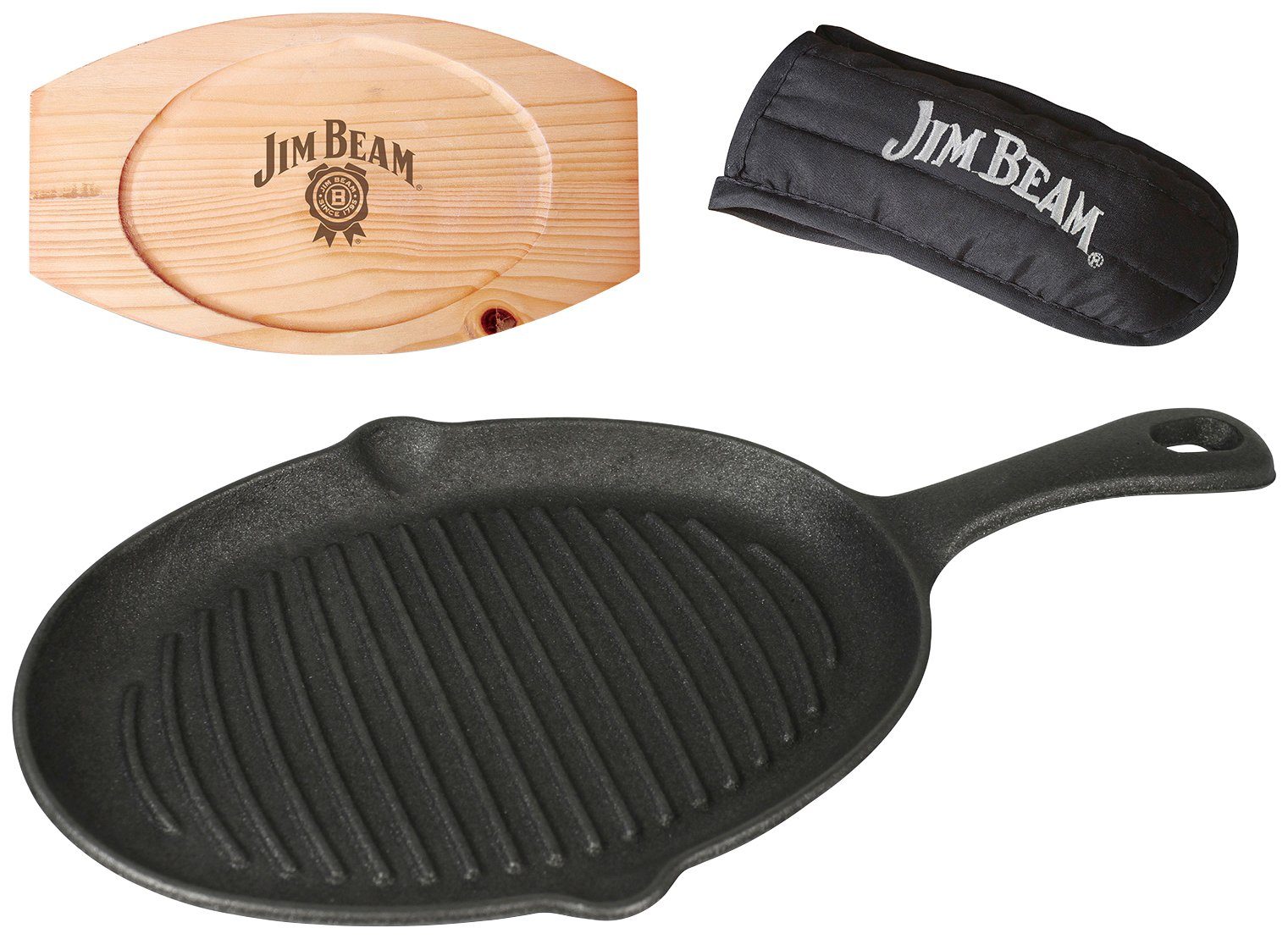 Leerung Jim Beam BBQ Stk., 4 Grillpfanne, inkl. Griffüberzug Holzuntersetzer Gusseisen (Set), und