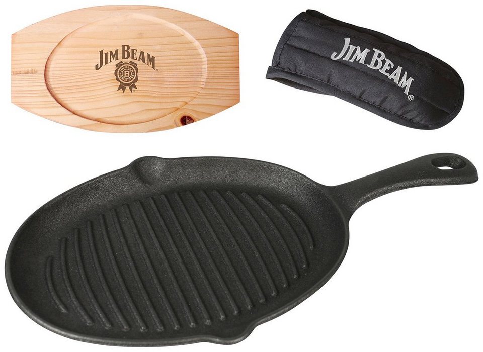 Jim Beam BBQ Grillpfanne, Gusseisen (Set), 4 Stk., inkl. Griffüberzug und  Holzuntersetzer