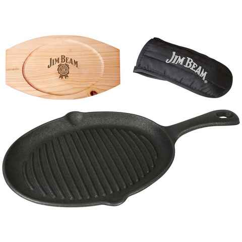 Jim Beam BBQ Grillpfanne, Gusseisen (Set), 4 Stk., inkl. Griffüberzug und Holzuntersetzer