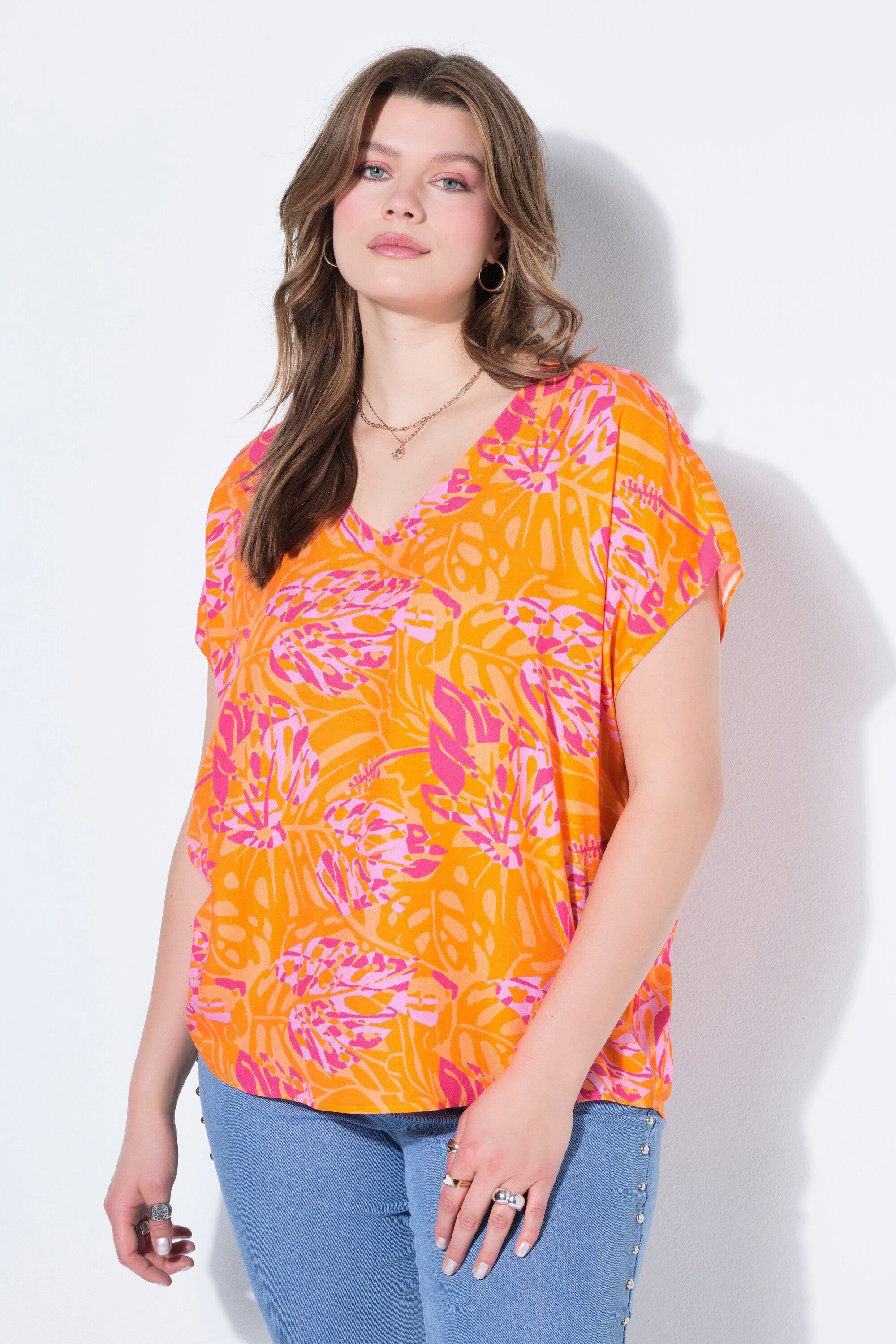 Druckbluse Blusenshirt oversized Leafs-Print